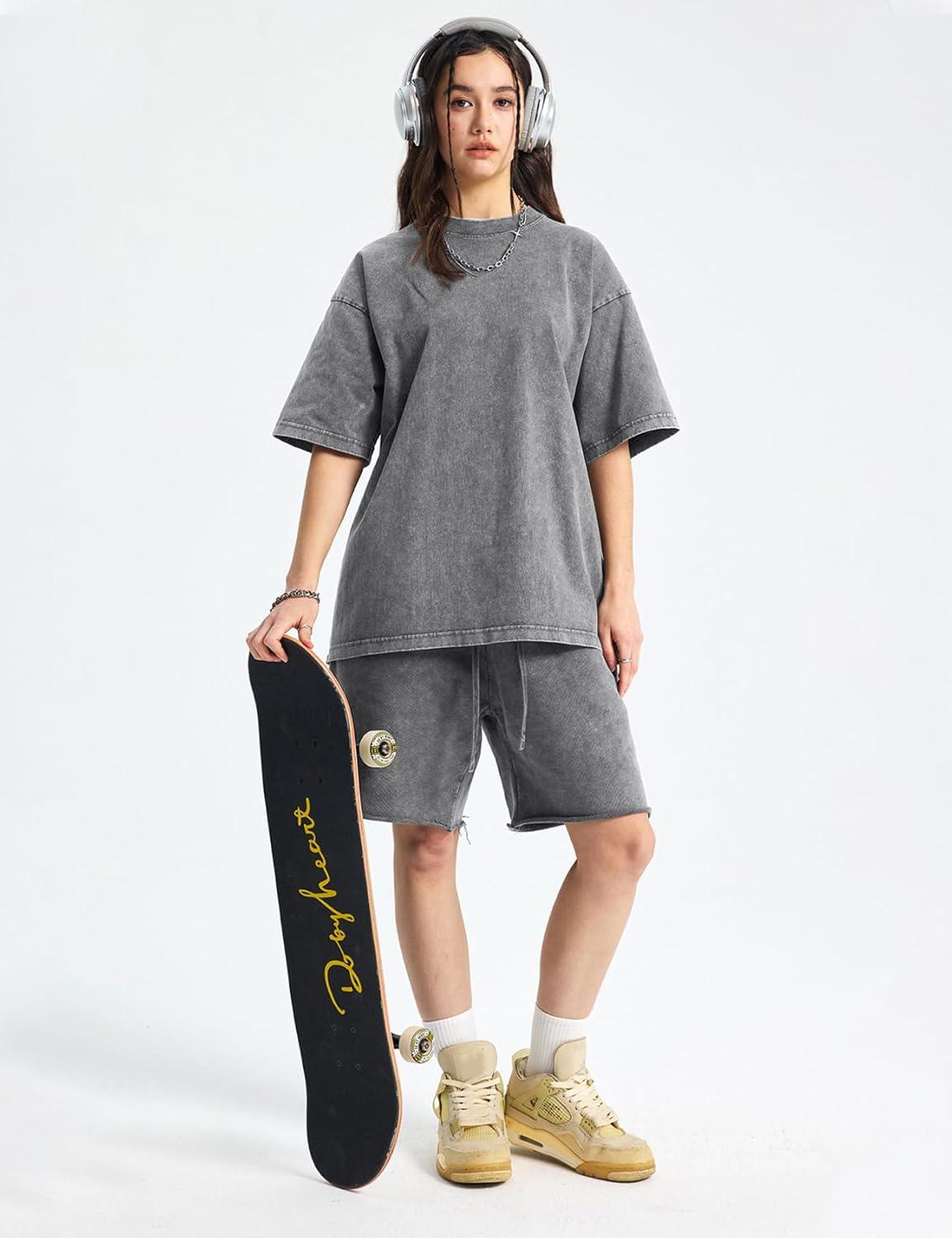 Arssm Women Oversized T Shirts Acid Washed Cotton Tees Vintage Baggy Loose Fit Streetwear Workout Tops(Black+grey+army)