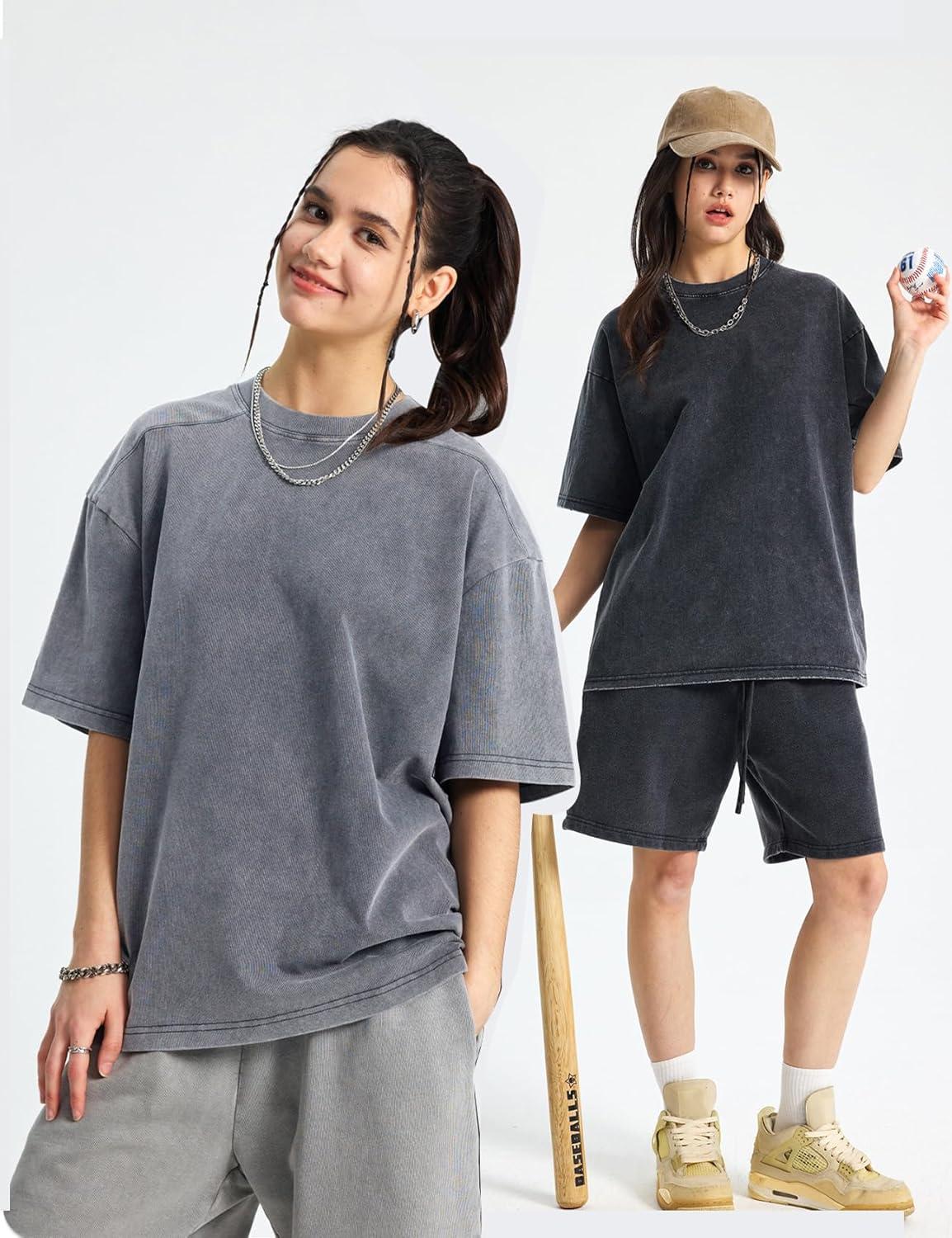 Arssm Women Oversized T Shirts Acid Washed Cotton Tees Vintage Baggy Loose Fit Streetwear Workout Tops(Black+grey+army)