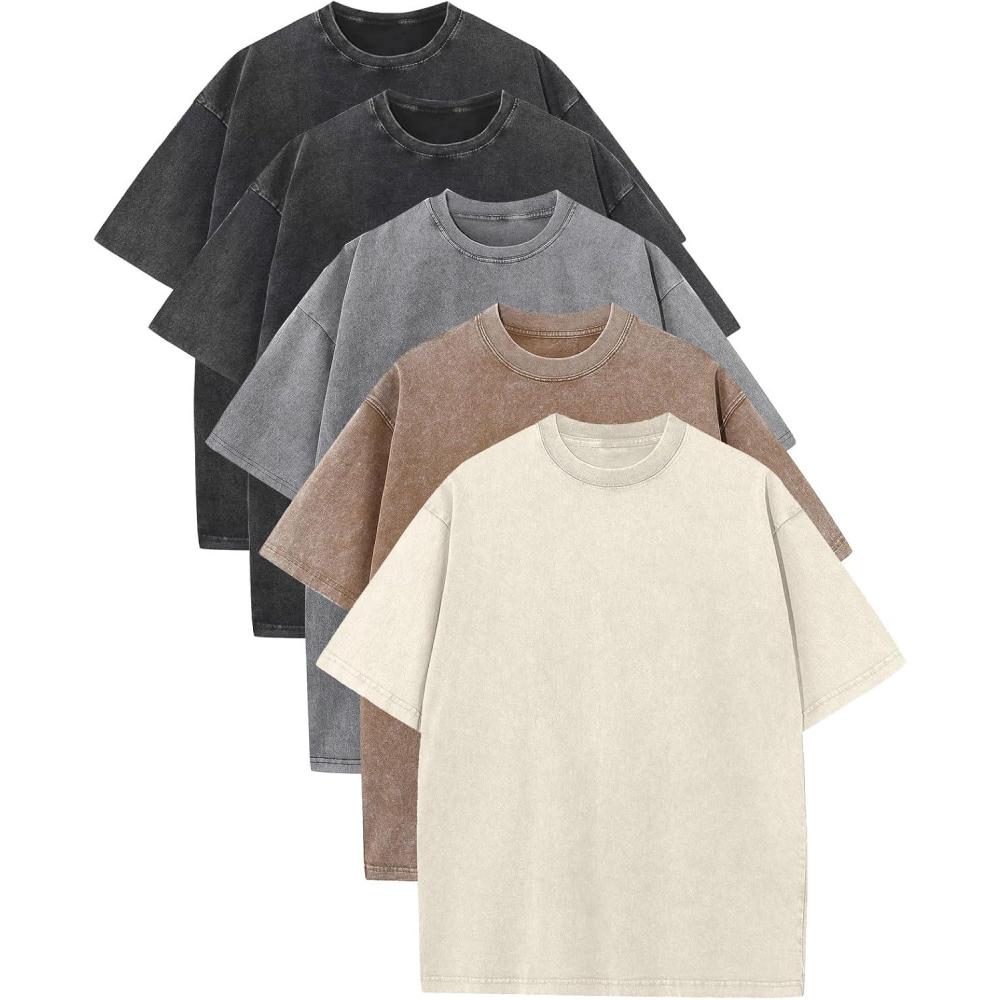 Arssm Mens Oversized T Shirts Cotton Acid Wash Baggy Tees Loose Fit Vintage Heavyweight T-Shirts(Black+black+grey+khaki+beige)