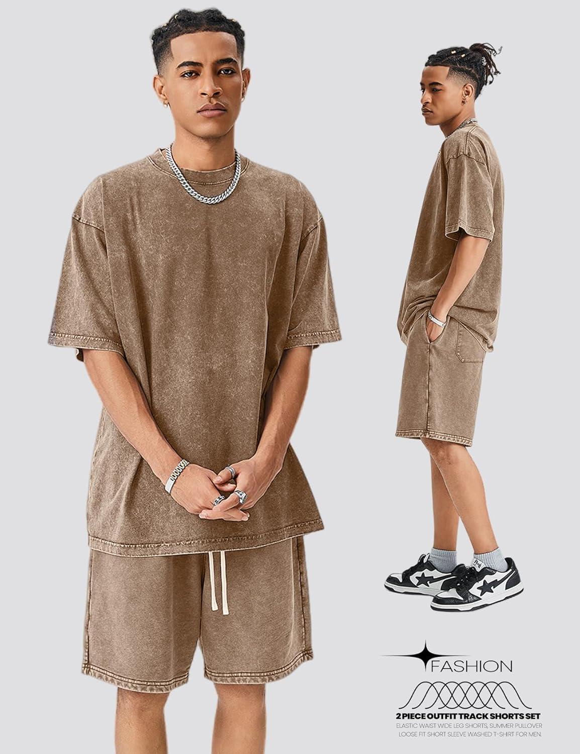 Arssm Mens Short Sets Outfits 2 Piece Summer Outfits Oversized T-Shirt Shorts Set Acid Wash Short Sleeve Tracksuit(Brown)