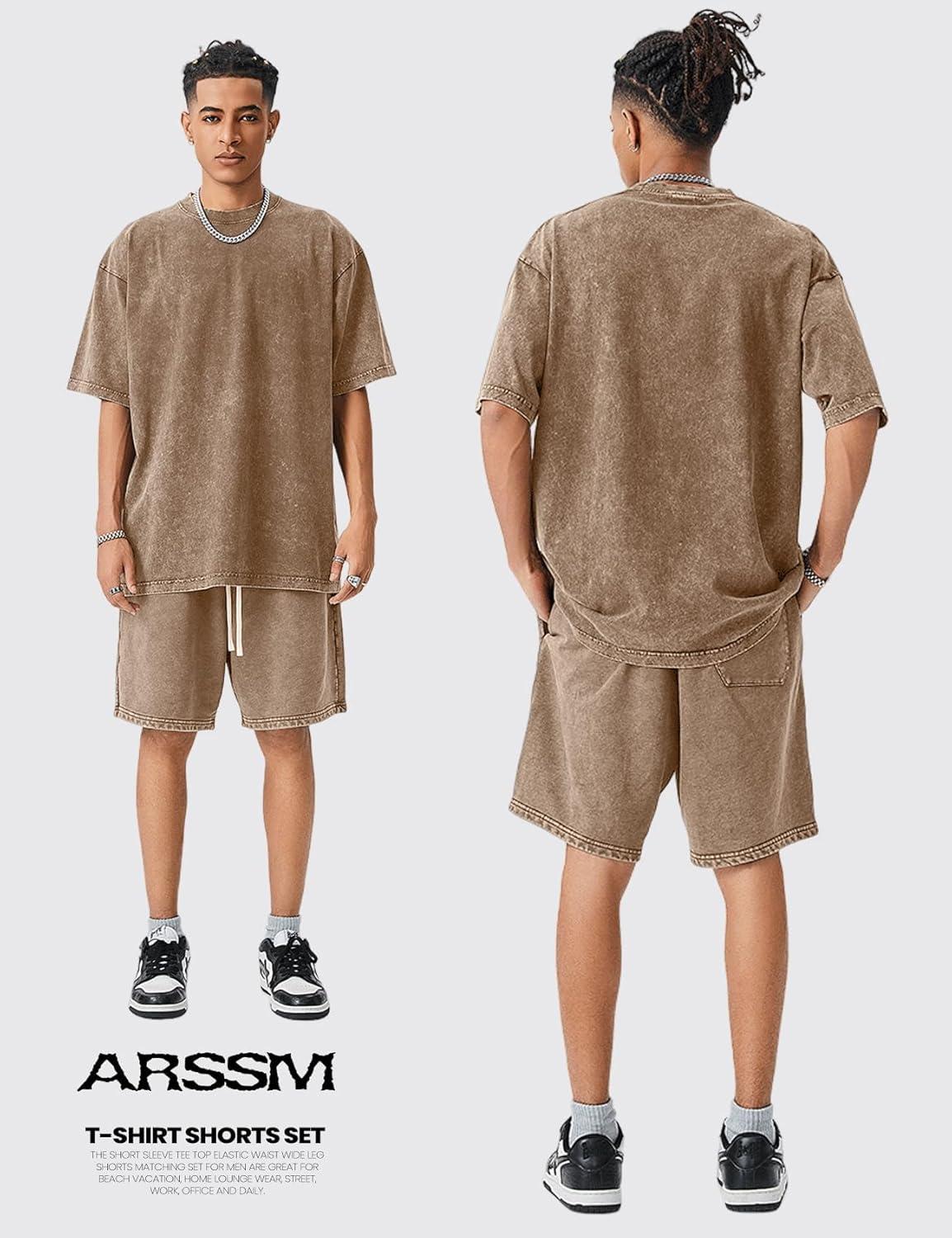Arssm Mens Short Sets Outfits 2 Piece Summer Outfits Oversized T-Shirt Shorts Set Acid Wash Short Sleeve Tracksuit(Brown)