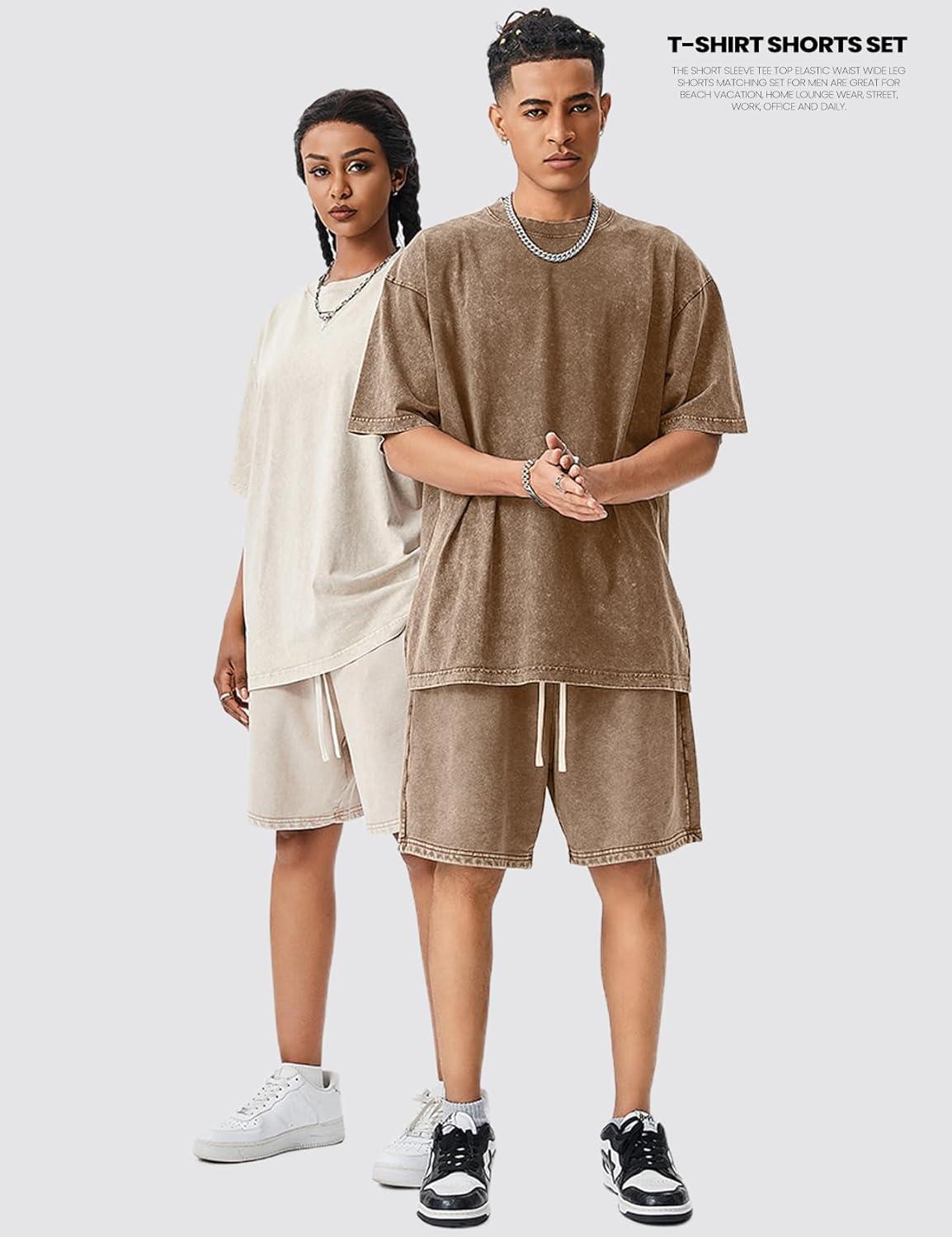 Arssm Mens Short Sets Outfits 2 Piece Summer Outfits Oversized T-Shirt Shorts Set Acid Wash Short Sleeve Tracksuit(Brown)