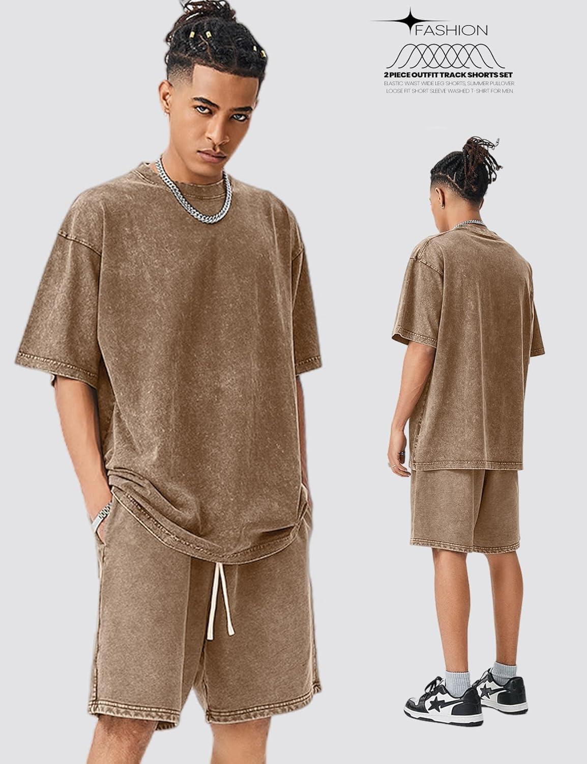 Arssm Mens Short Sets Outfits 2 Piece Summer Outfits Oversized T-Shirt Shorts Set Acid Wash Short Sleeve Tracksuit(Brown)