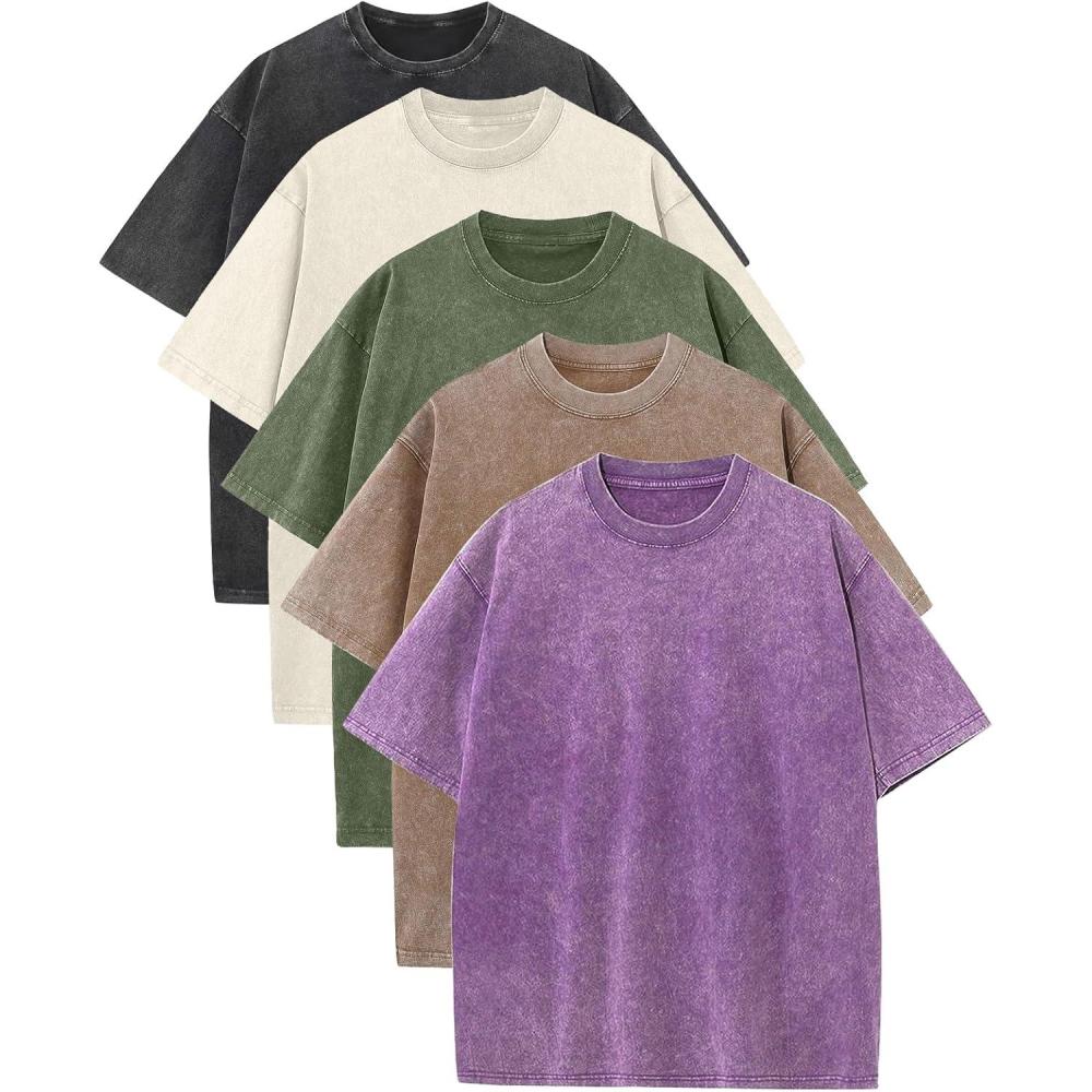 Arssm Mens Oversized T Shirts Cotton Acid Wash Baggy Tees Loose Fit Vintage Heavyweight T-Shirts(Black+khaki+beige+army+purple)