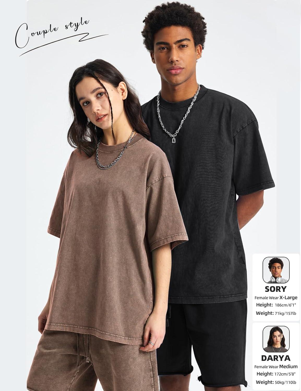 Arssm Mens Oversized T Shirts Cotton Acid Wash Baggy Tees Loose Fit Vintage Heavyweight T-Shirts(Black+khaki+beige+army+purple)