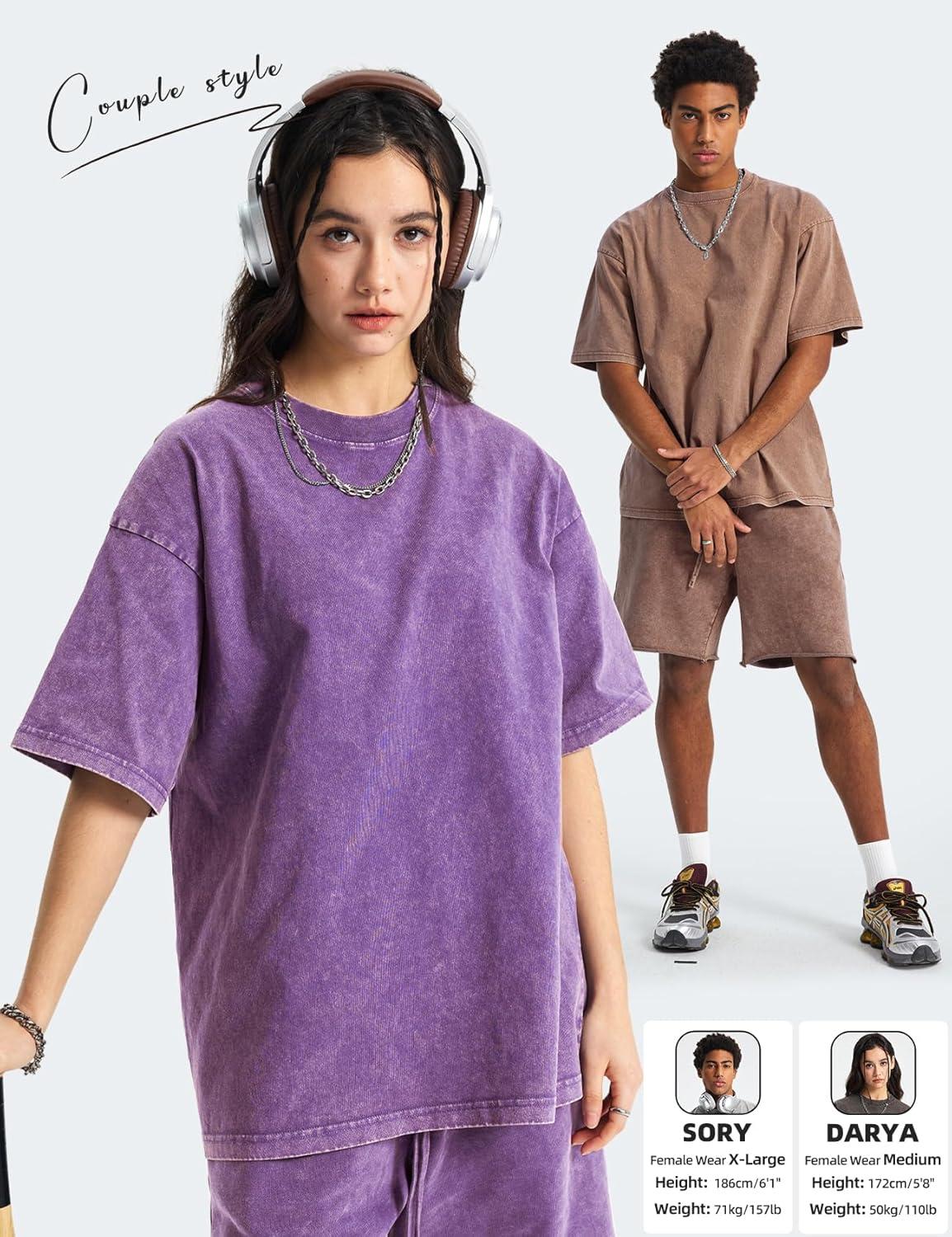 Arssm Mens Oversized T Shirts Cotton Acid Wash Baggy Tees Loose Fit Vintage Heavyweight T-Shirts(Black+khaki+beige+army+purple)