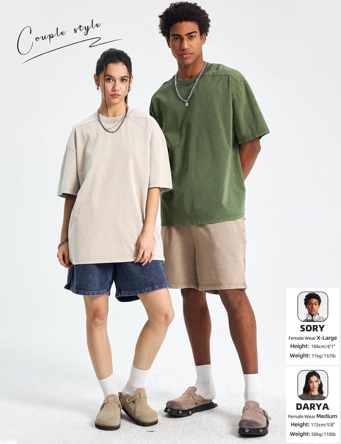 Arssm Mens Oversized T Shirts Cotton Acid Wash Baggy Tees Loose Fit Vintage Heavyweight T-Shirts(Black+khaki+beige+army+purple)