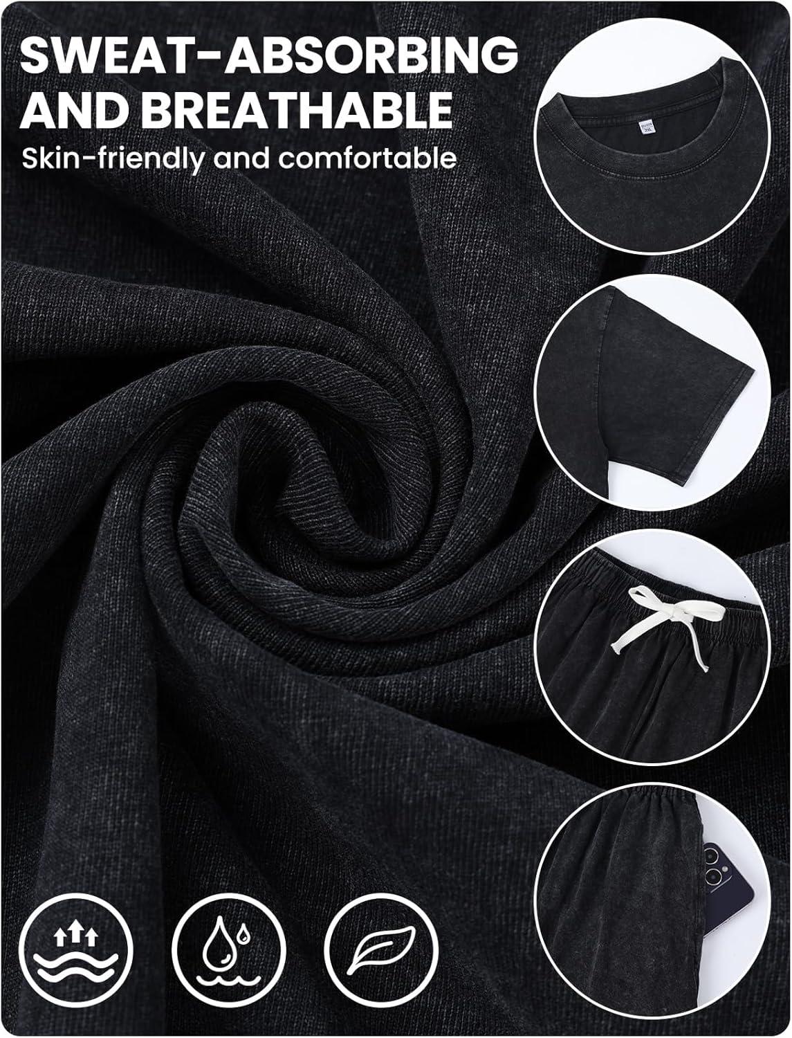 Arssm Mens Short Sets Outfits 2 Piece Summer Outfits Oversized T-Shirt Shorts Set Acid Wash Short Sleeve Tracksuit(Black)