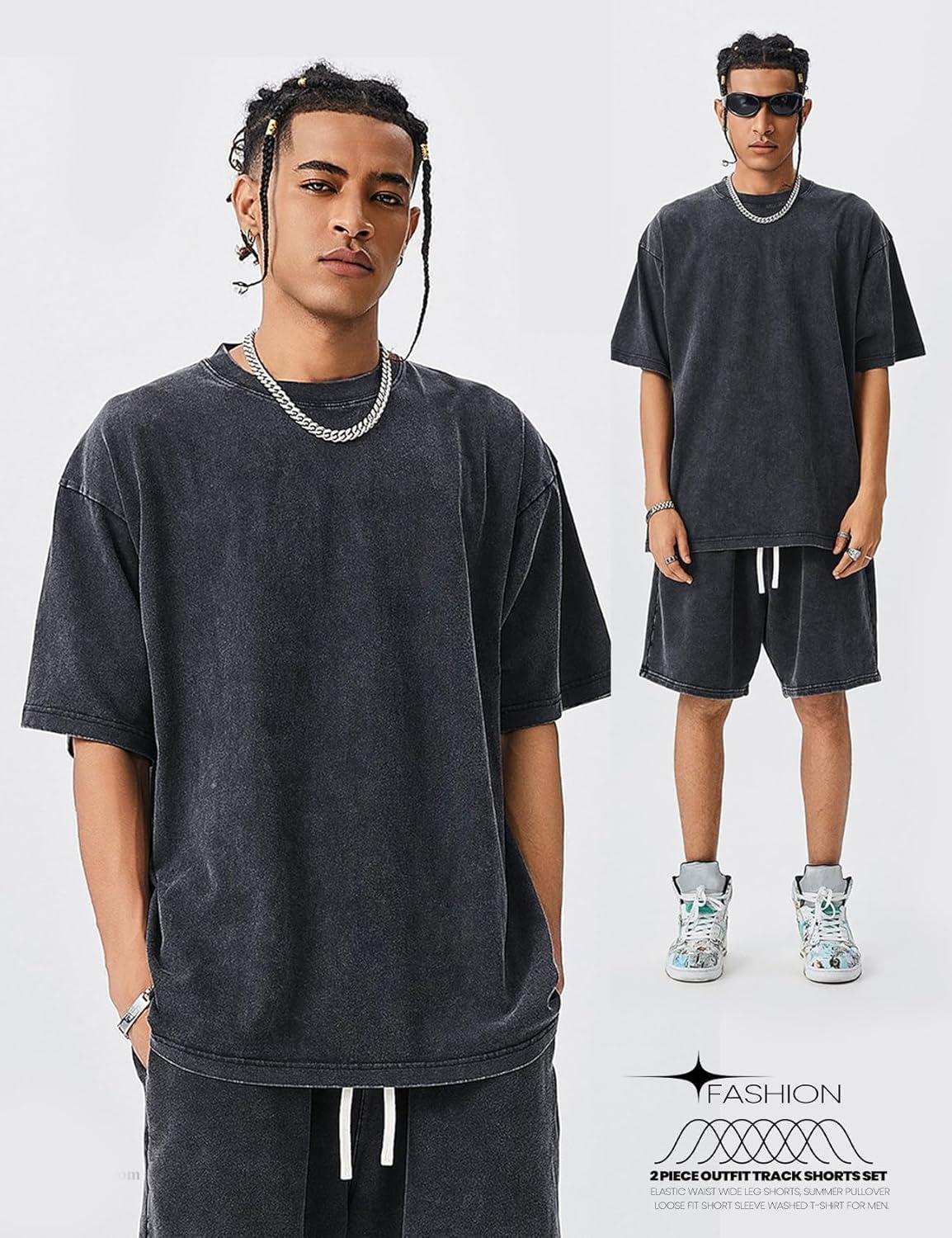 Arssm Mens Short Sets Outfits 2 Piece Summer Outfits Oversized T-Shirt Shorts Set Acid Wash Short Sleeve Tracksuit(Black)