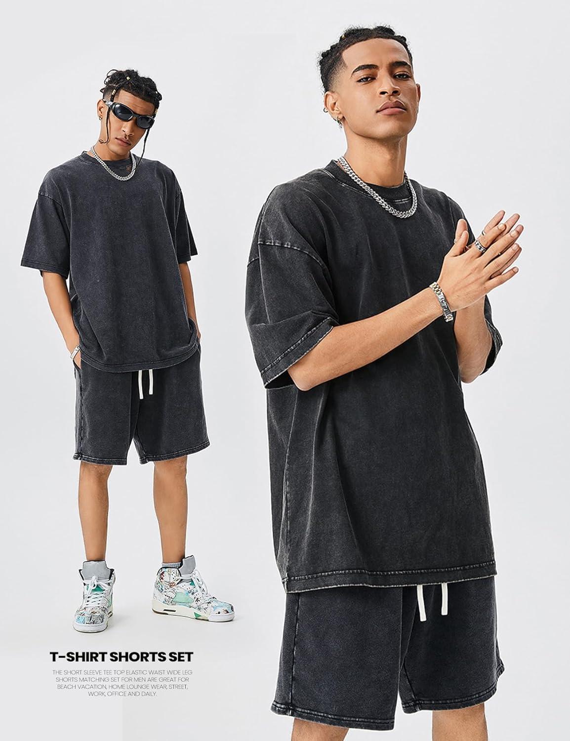 Arssm Mens Short Sets Outfits 2 Piece Summer Outfits Oversized T-Shirt Shorts Set Acid Wash Short Sleeve Tracksuit(Black)