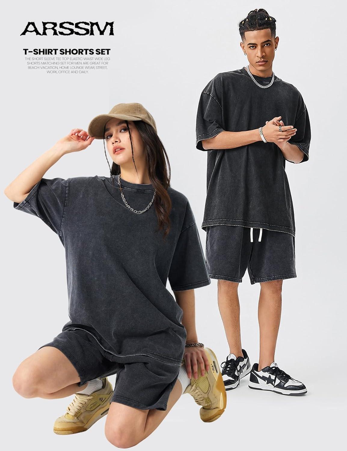 Arssm Mens Short Sets Outfits 2 Piece Summer Outfits Oversized T-Shirt Shorts Set Acid Wash Short Sleeve Tracksuit(Black)