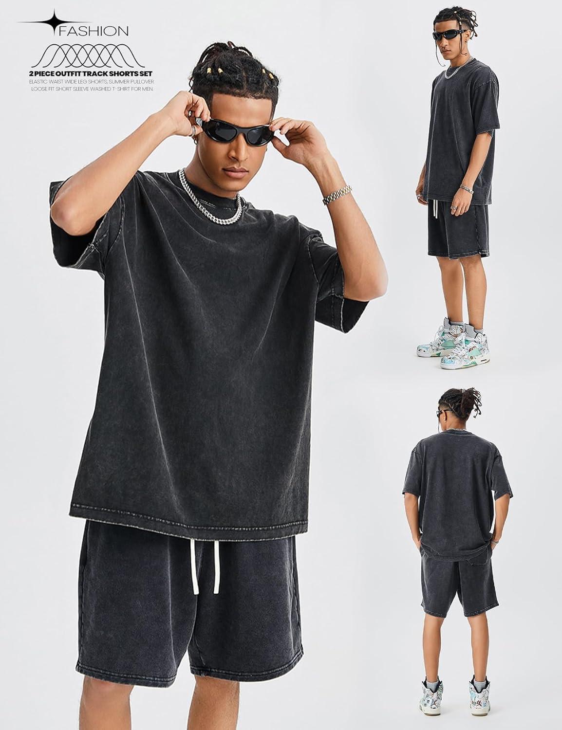 Arssm Mens Short Sets Outfits 2 Piece Summer Outfits Oversized T-Shirt Shorts Set Acid Wash Short Sleeve Tracksuit(Black)