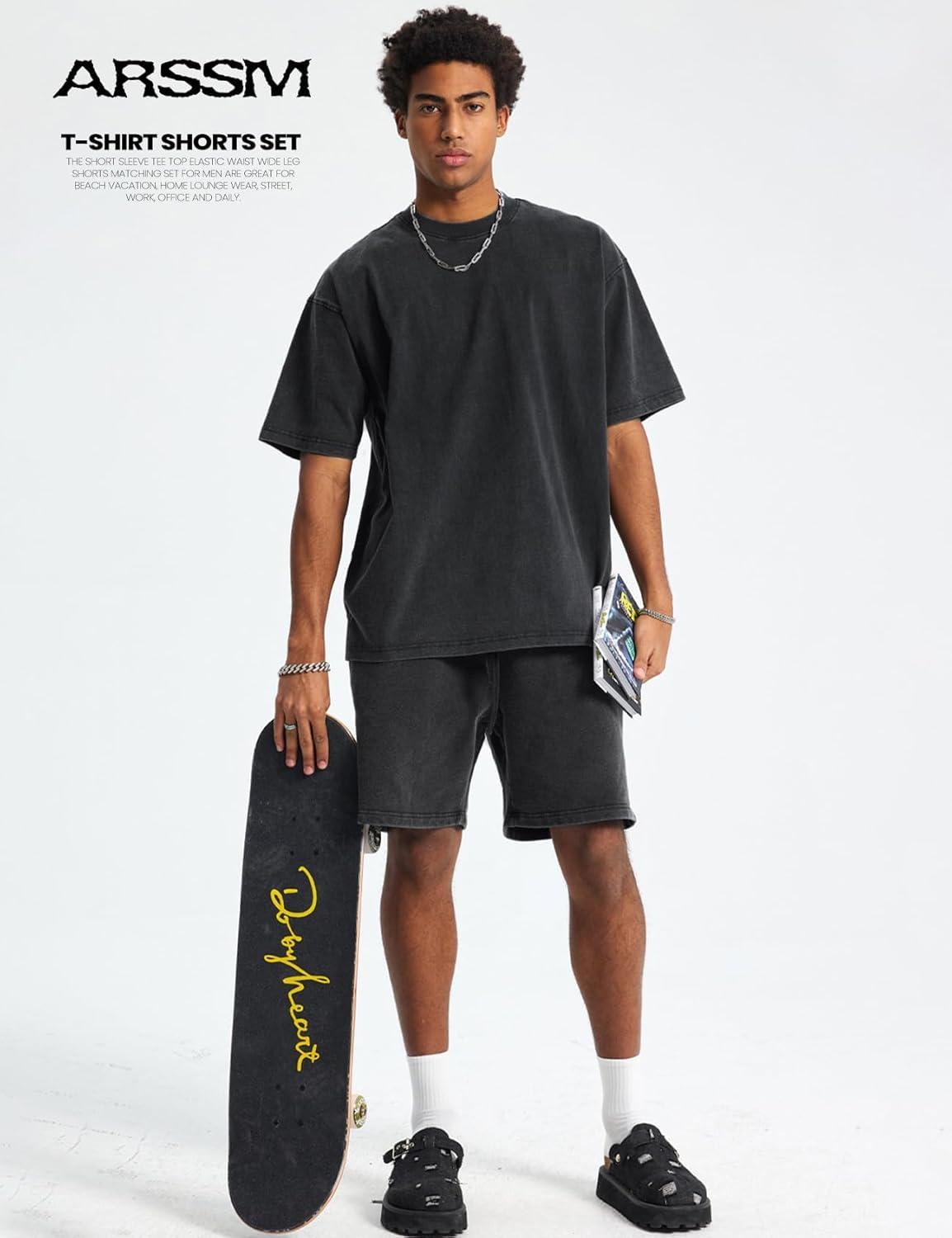 Arssm Mens Short Sets Outfits 2 Piece Summer Outfits Oversized T-Shirt Shorts Set Acid Wash Short Sleeve Tracksuit(Black)