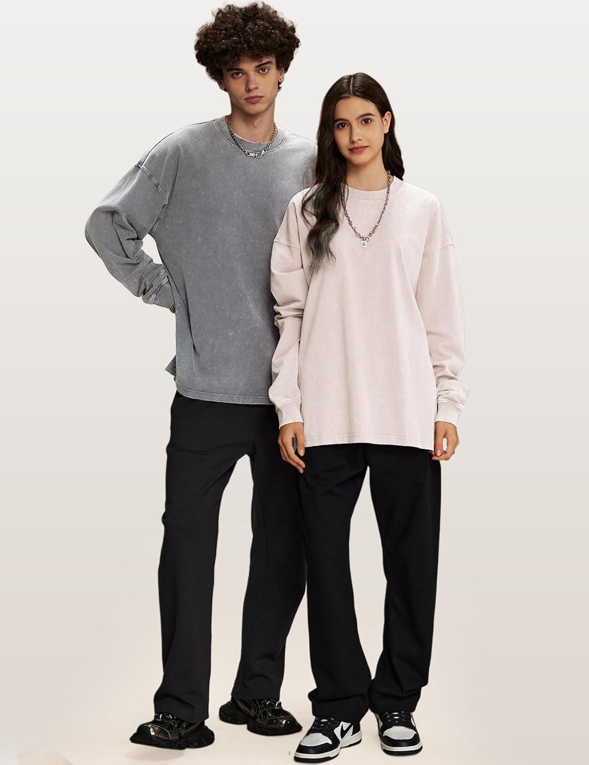 Arssm Mens Oversized T-Shirts Cotton Long Sleeve Tshirts Vintage Acid Wash Baggy Tees(Black+grey+beige)