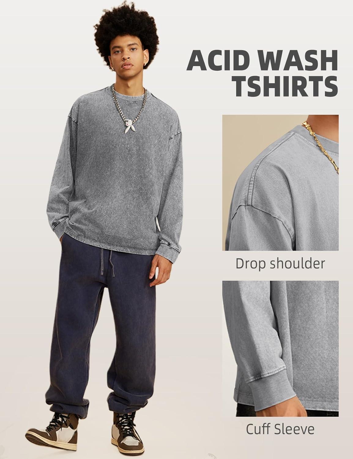 Arssm Mens Oversized T-Shirts Cotton Long Sleeve Tshirts Vintage Acid Wash Baggy Tees(Black+grey+beige)