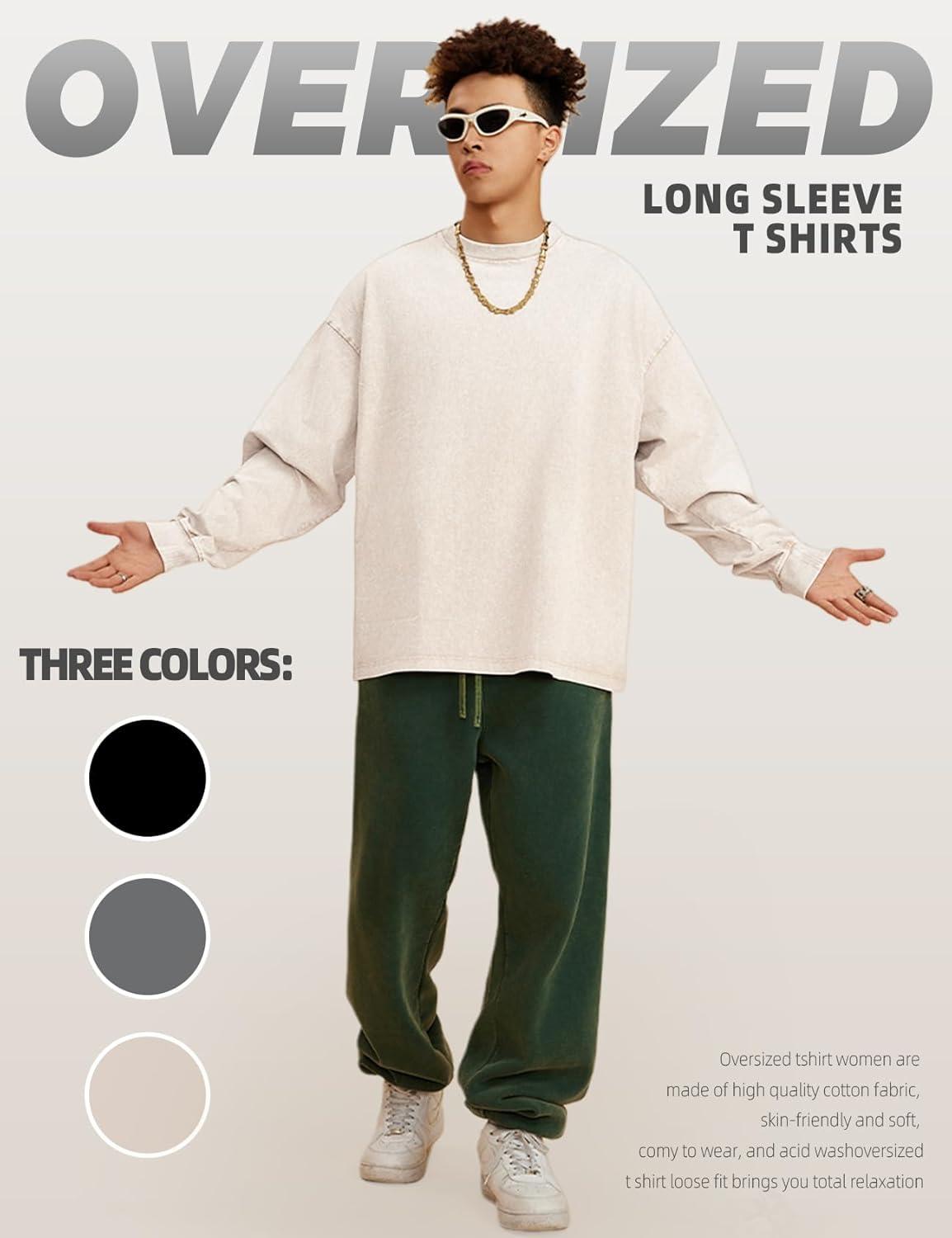 Arssm Mens Oversized T-Shirts Cotton Long Sleeve Tshirts Vintage Acid Wash Baggy Tees(Black+grey+beige)