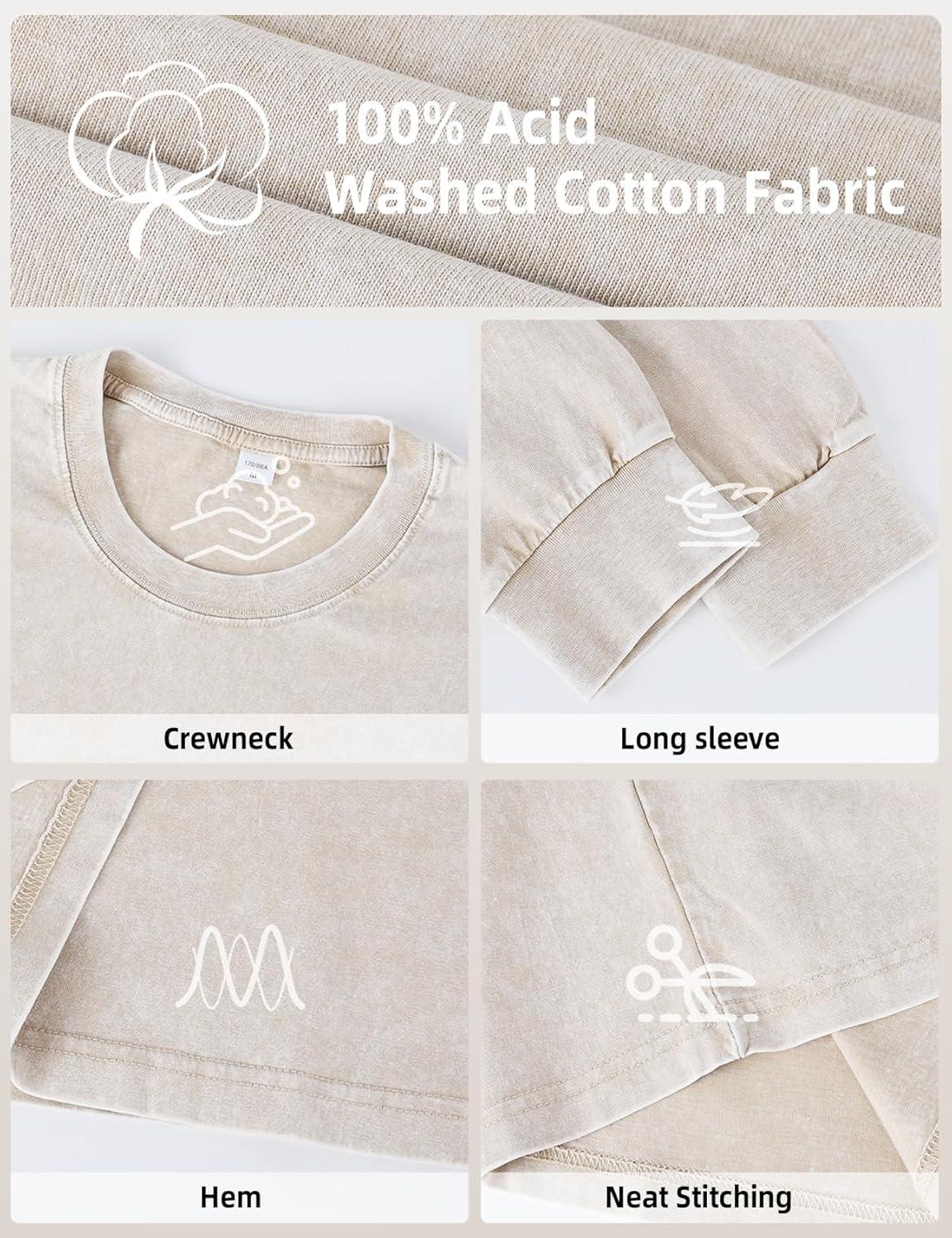 Arssm Mens Oversized T-Shirts Cotton Long Sleeve Tshirts Vintage Acid Wash Baggy Tees(Black+grey+beige)