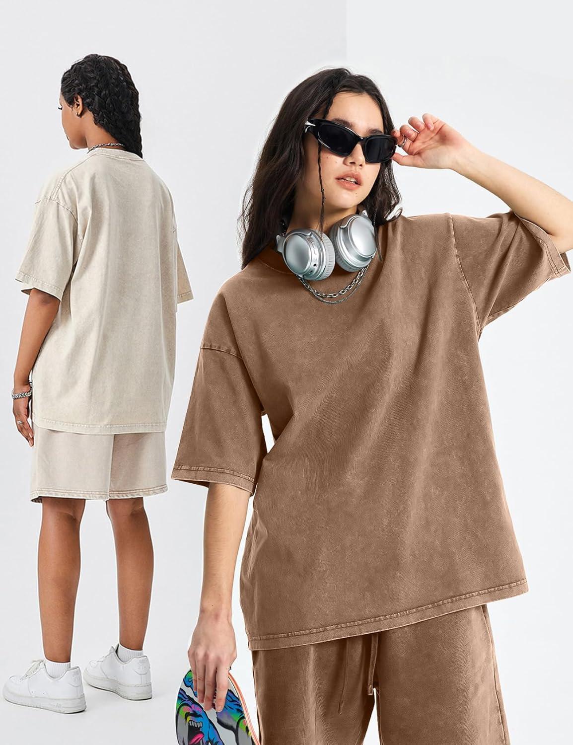 Arssm Women Oversized T Shirts Acid Washed Cotton Tees Vintage Baggy Loose Fit Streetwear Workout Tops(Grey+khaki+beige)