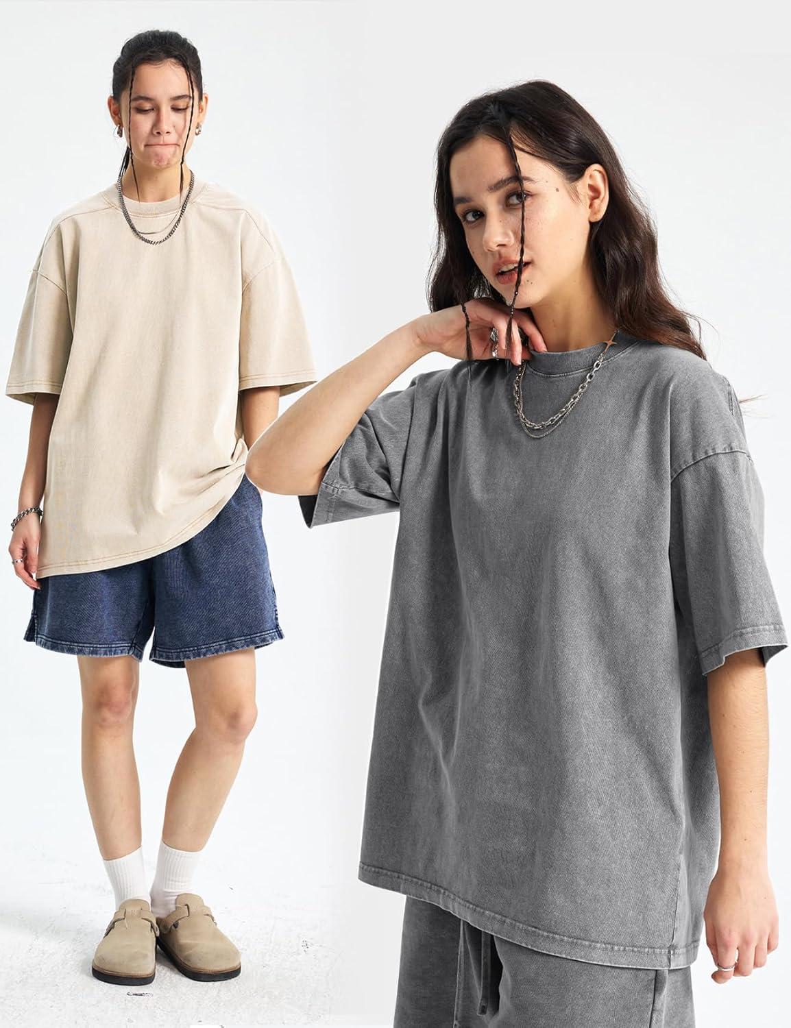 Arssm Women Oversized T Shirts Acid Washed Cotton Tees Vintage Baggy Loose Fit Streetwear Workout Tops(Grey+khaki+beige)