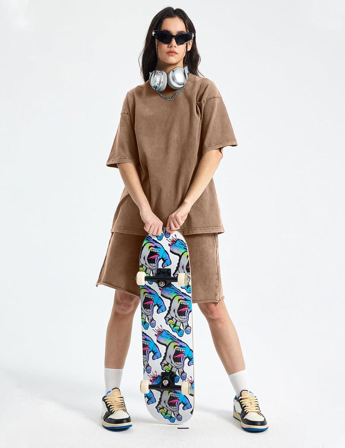 Arssm Women Oversized T Shirts Acid Washed Cotton Tees Vintage Baggy Loose Fit Streetwear Workout Tops(Grey+khaki+beige)