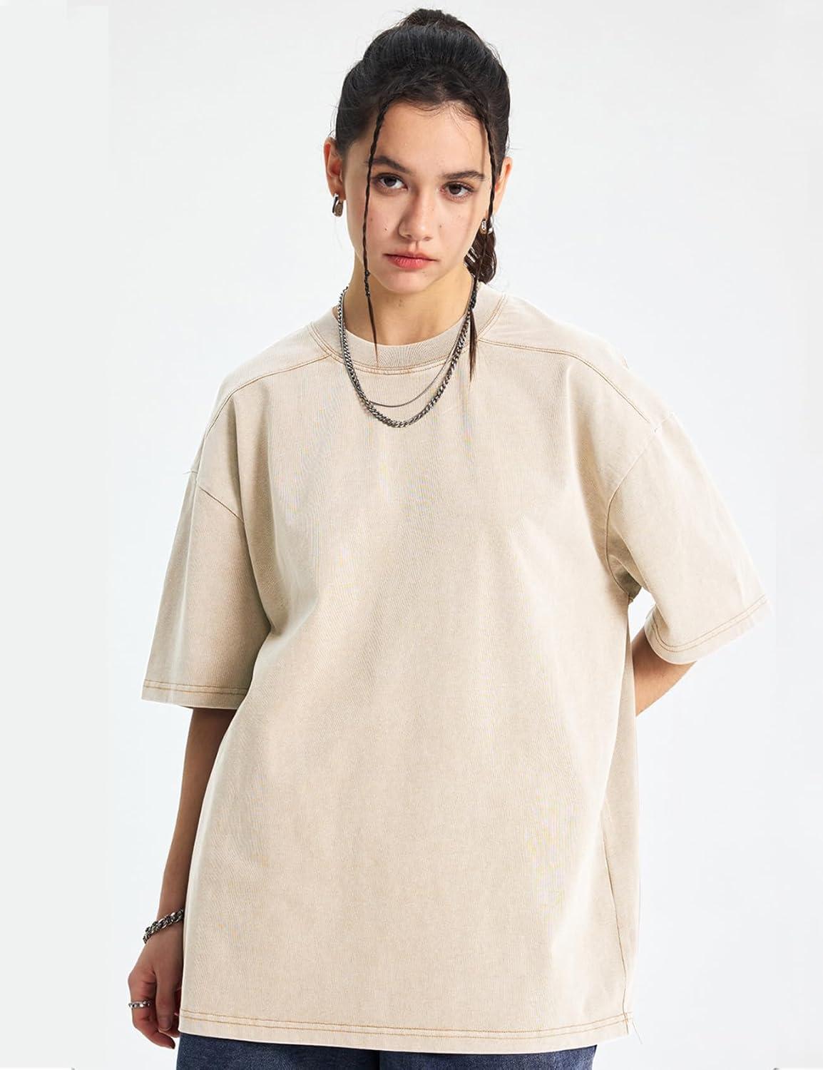 Arssm Women Oversized T Shirts Acid Washed Cotton Tees Vintage Baggy Loose Fit Streetwear Workout Tops(Grey+khaki+beige)
