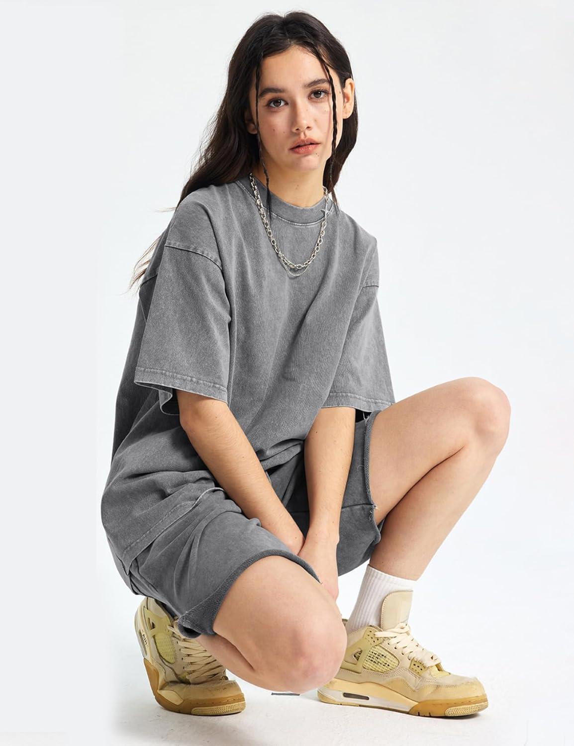 Arssm Women Oversized T Shirts Acid Washed Cotton Tees Vintage Baggy Loose Fit Streetwear Workout Tops(Grey+khaki+beige)