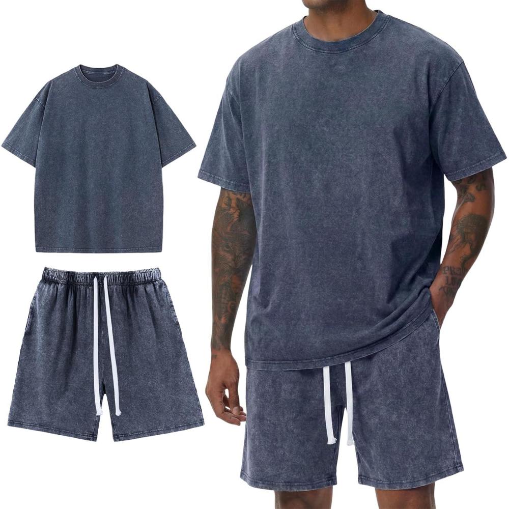 Arssm Mens Short Sets Outfits 2 Piece Summer Outfits Oversized T-Shirt Shorts Set Acid Wash Short Sleeve Tracksuit(Navy)