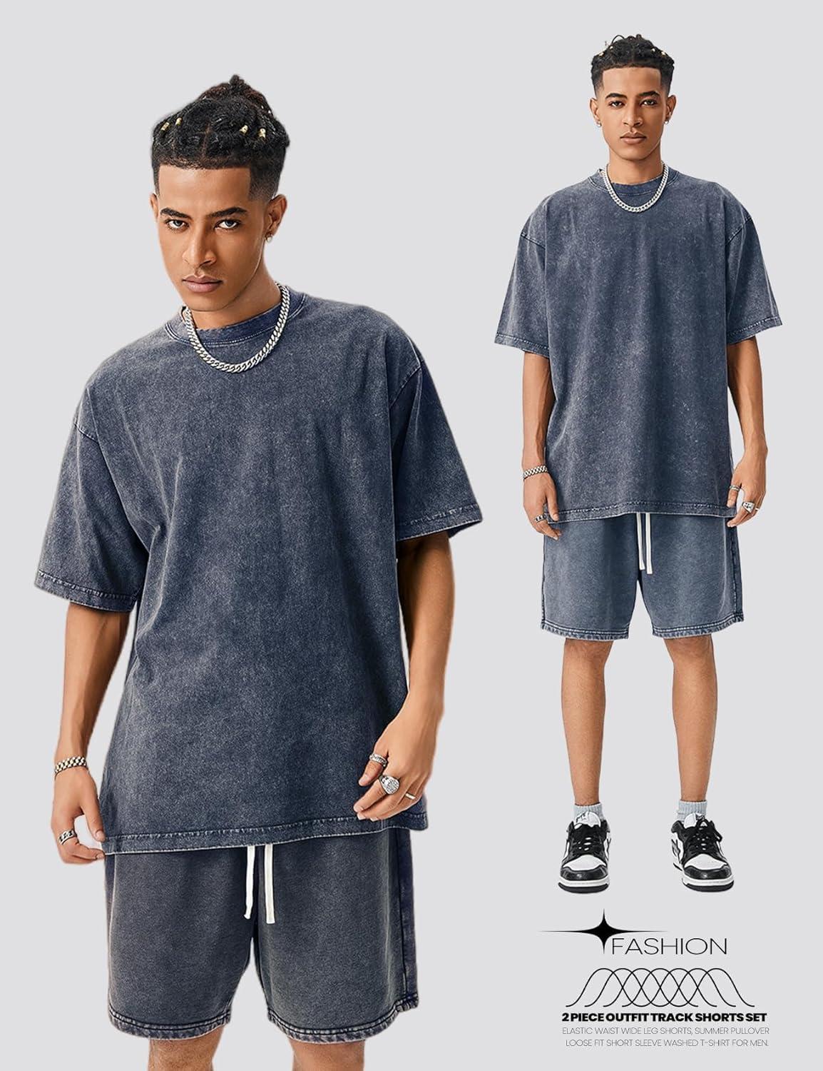 Arssm Mens Short Sets Outfits 2 Piece Summer Outfits Oversized T-Shirt Shorts Set Acid Wash Short Sleeve Tracksuit(Navy)