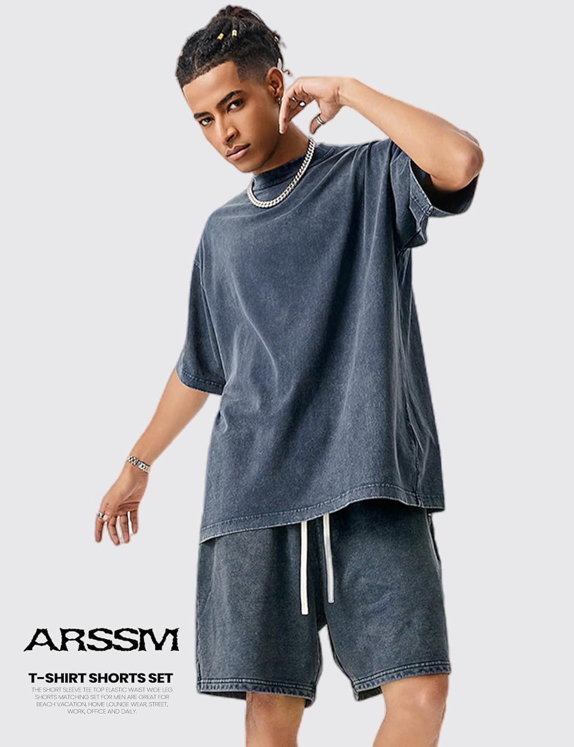 Arssm Mens Short Sets Outfits 2 Piece Summer Outfits Oversized T-Shirt Shorts Set Acid Wash Short Sleeve Tracksuit(Navy)