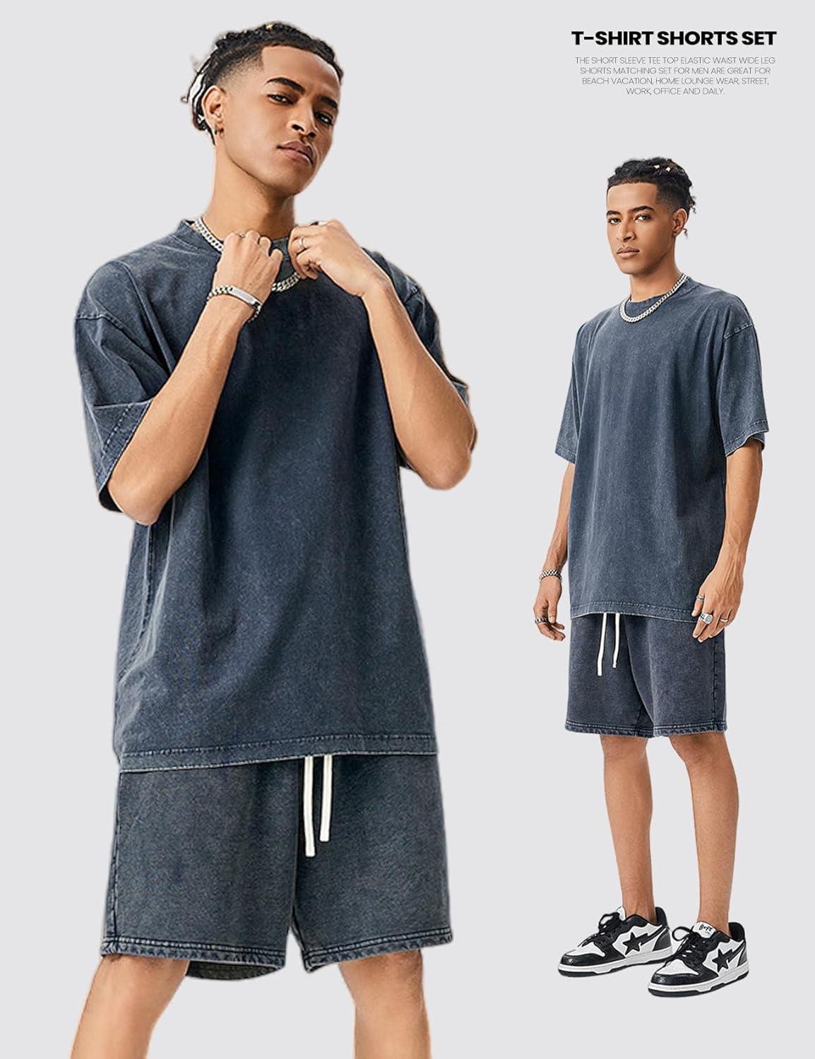 Arssm Mens Short Sets Outfits 2 Piece Summer Outfits Oversized T-Shirt Shorts Set Acid Wash Short Sleeve Tracksuit(Navy)