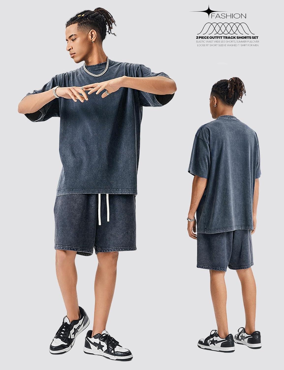 Arssm Mens Short Sets Outfits 2 Piece Summer Outfits Oversized T-Shirt Shorts Set Acid Wash Short Sleeve Tracksuit(Navy)