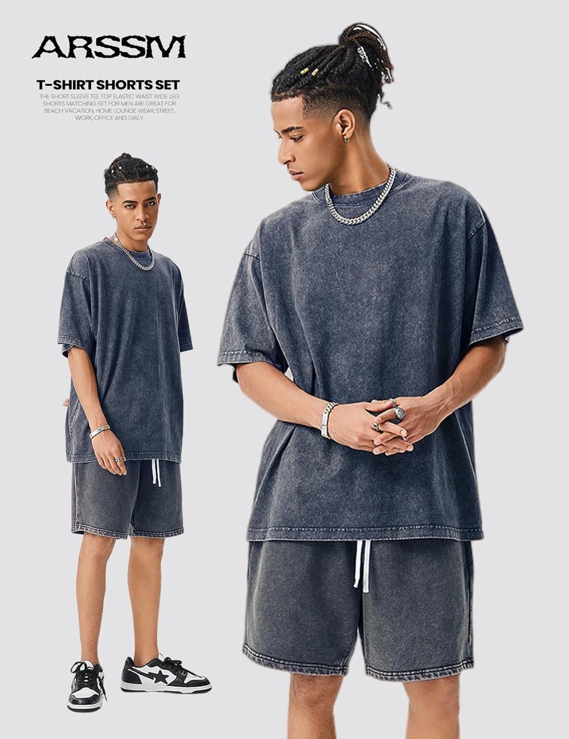 Arssm Mens Short Sets Outfits 2 Piece Summer Outfits Oversized T-Shirt Shorts Set Acid Wash Short Sleeve Tracksuit(Navy)