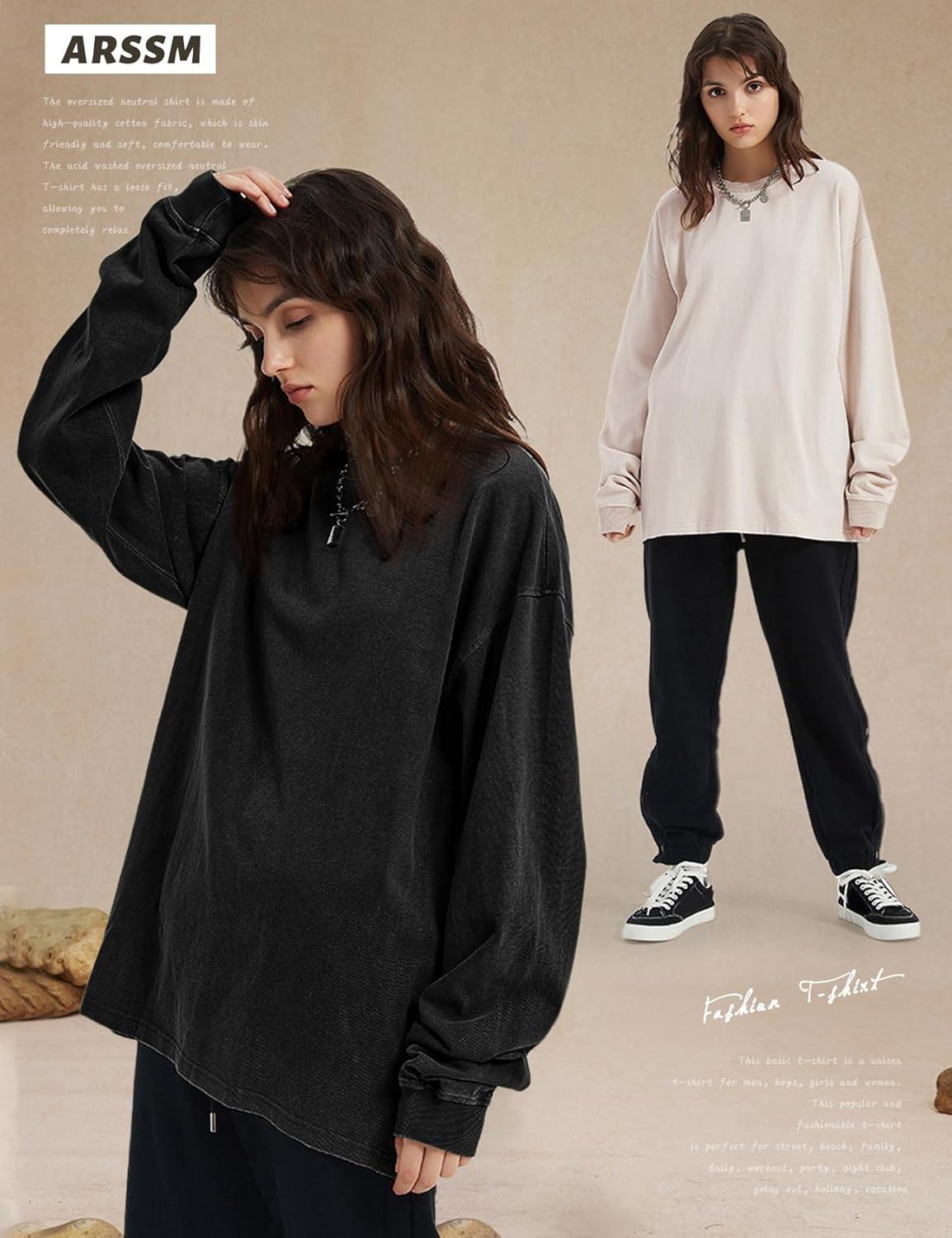 Arssm Oversized T-Shirts for Women Cotton Long Sleeve Vintage Acid Wash Baggy T Shirts(Black+grey+beige)