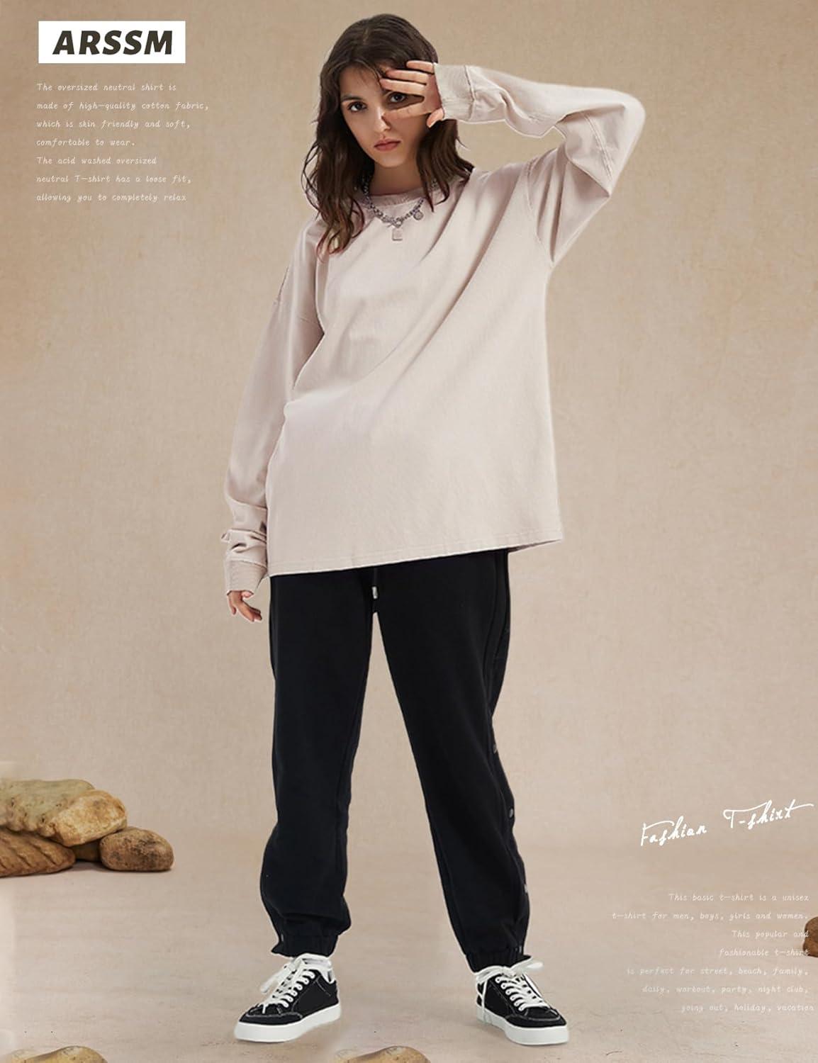 Arssm Oversized T-Shirts for Women Cotton Long Sleeve Vintage Acid Wash Baggy T Shirts(Black+grey+beige)
