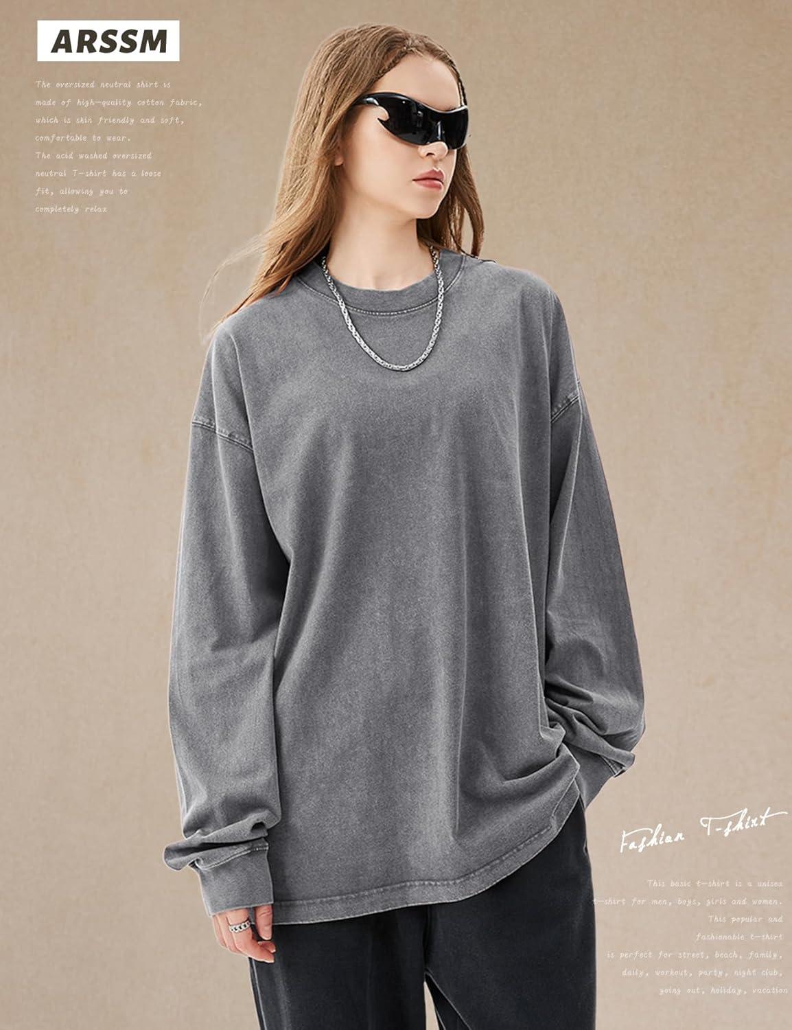 Arssm Oversized T-Shirts for Women Cotton Long Sleeve Vintage Acid Wash Baggy T Shirts(Black+grey+beige)