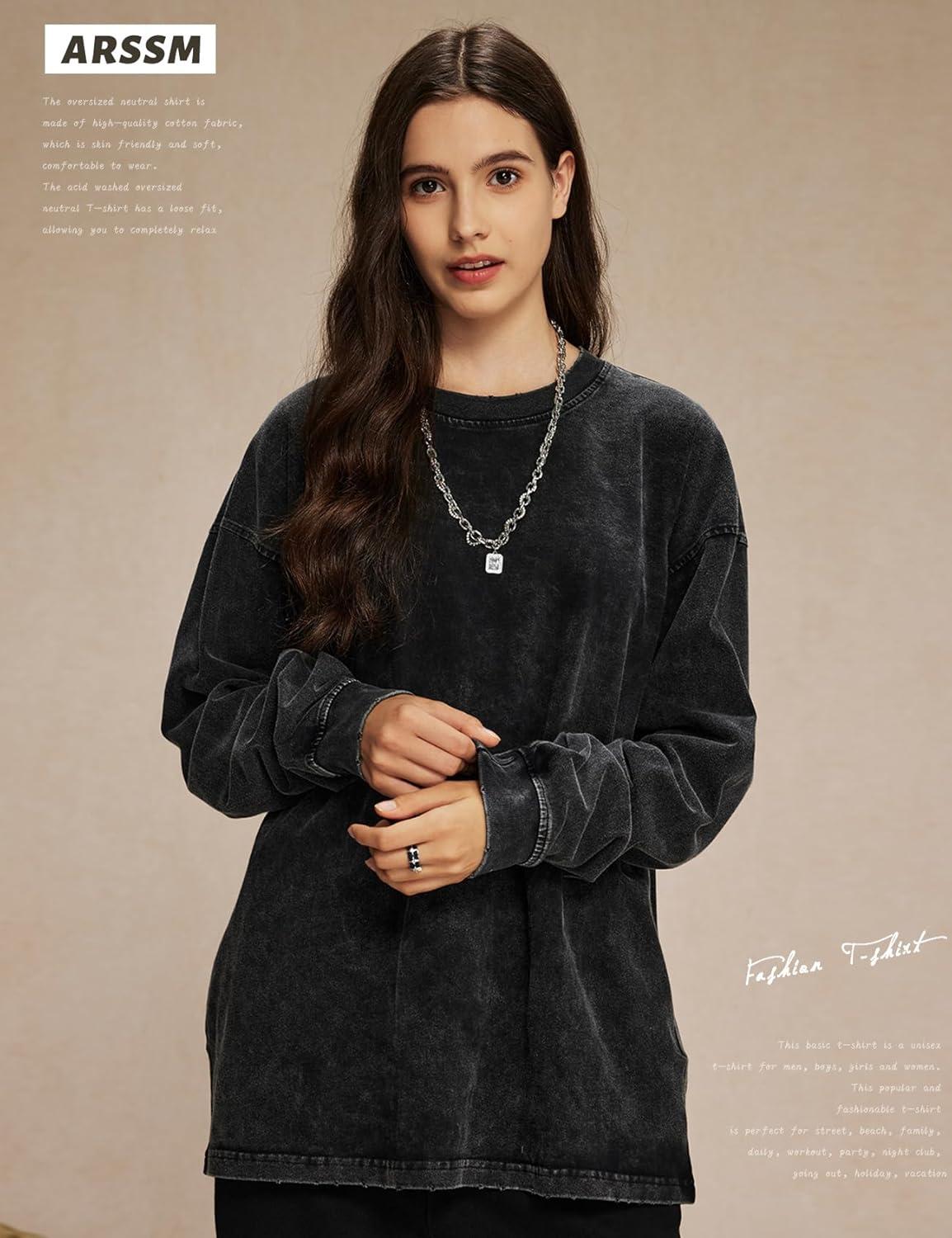 Arssm Oversized T-Shirts for Women Cotton Long Sleeve Vintage Acid Wash Baggy T Shirts(Black+grey+beige)