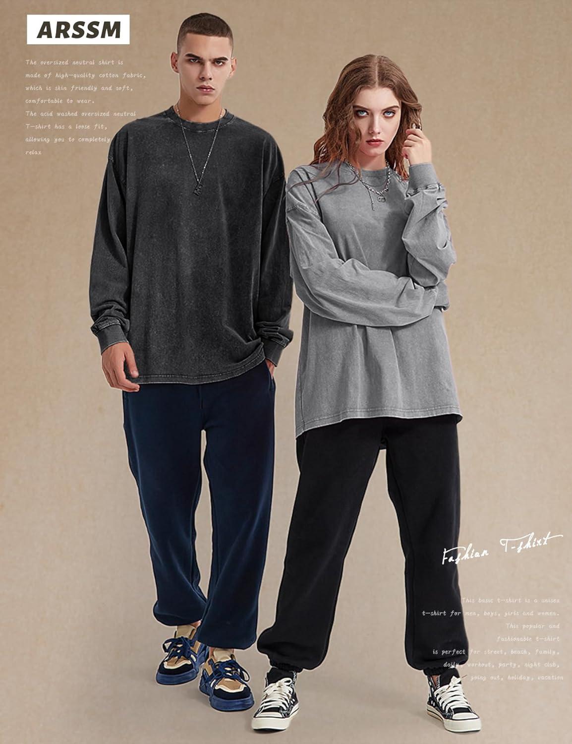 Arssm Oversized T-Shirts for Women Cotton Long Sleeve Vintage Acid Wash Baggy T Shirts(Black+grey+beige)