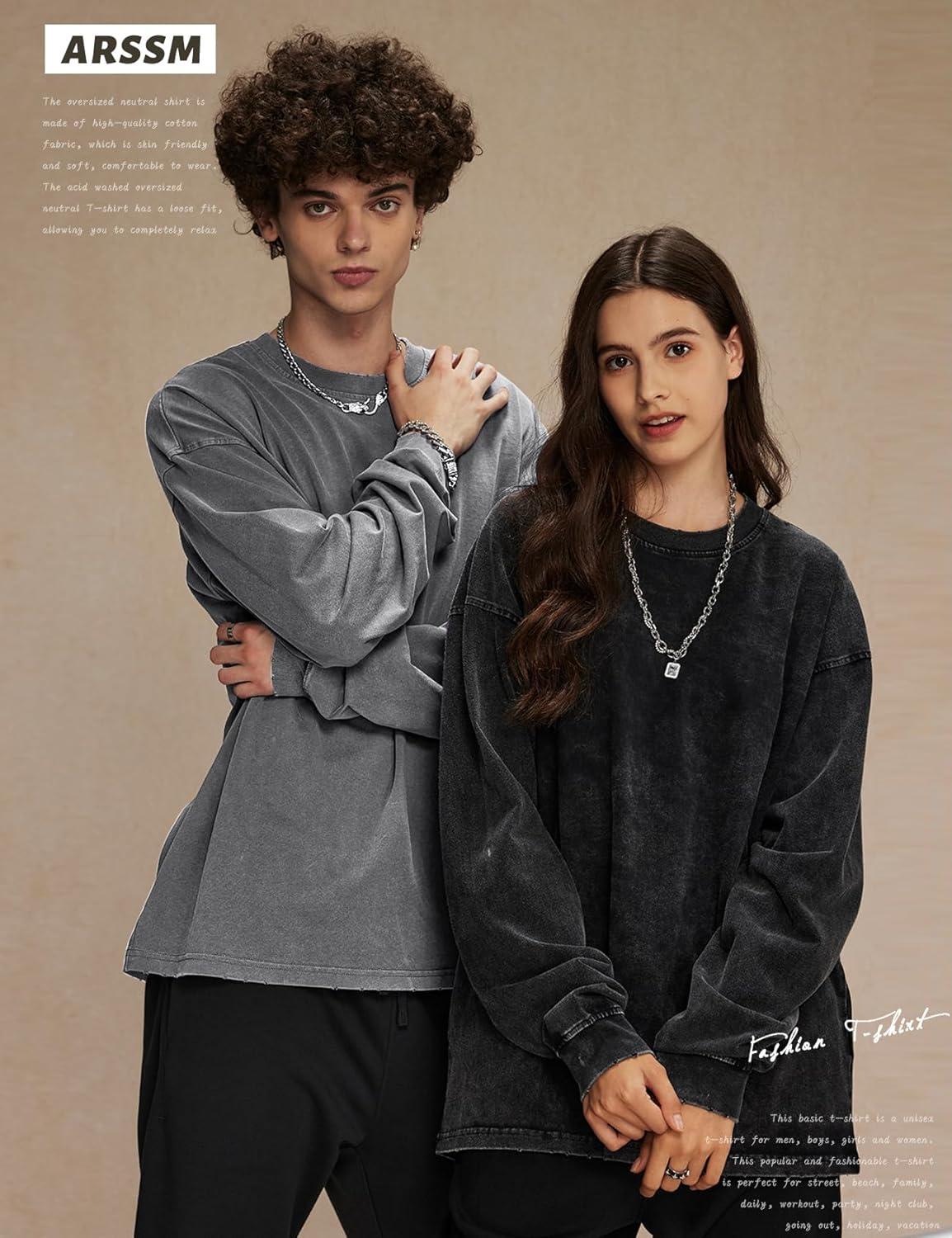 Arssm Oversized T-Shirts for Women Cotton Long Sleeve Vintage Acid Wash Baggy T Shirts(Black+grey+beige)