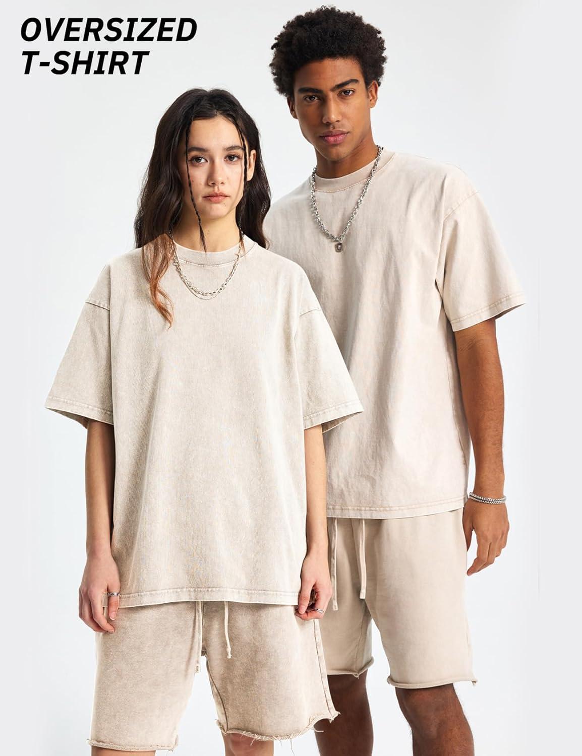 Arssm Mens Oversized T Shirts Cotton Acid Wash T-Shirts Baggy Vintage Tees Loose Fit Heavyweight Streetwear Tops(Beigetshirt)