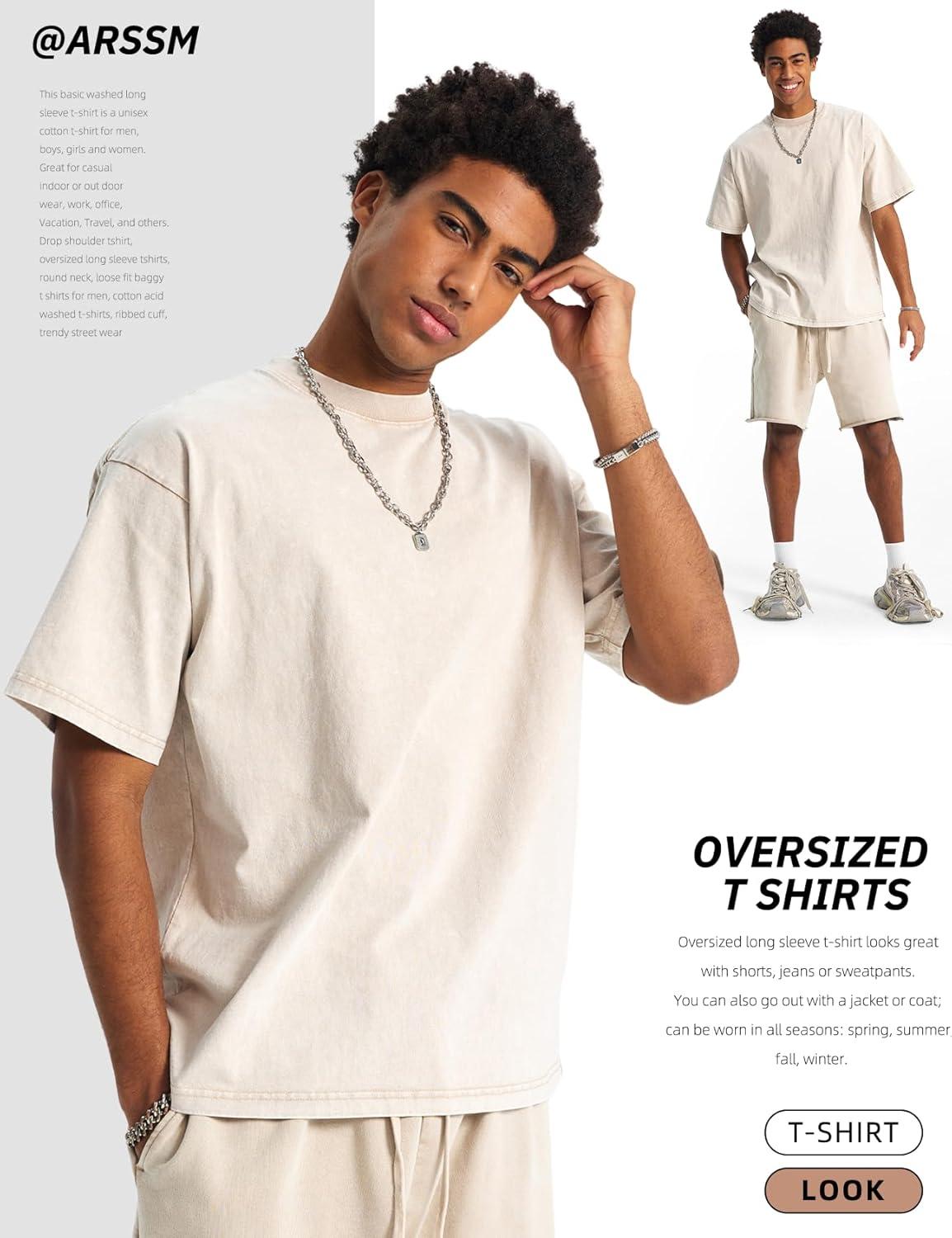 Arssm Mens Oversized T Shirts Cotton Acid Wash T-Shirts Baggy Vintage Tees Loose Fit Heavyweight Streetwear Tops(Beigetshirt)