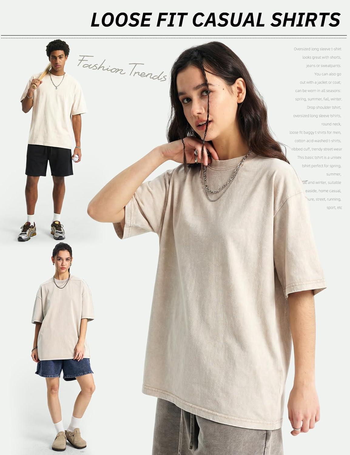 Arssm Mens Oversized T Shirts Cotton Acid Wash T-Shirts Baggy Vintage Tees Loose Fit Heavyweight Streetwear Tops(Beigetshirt)