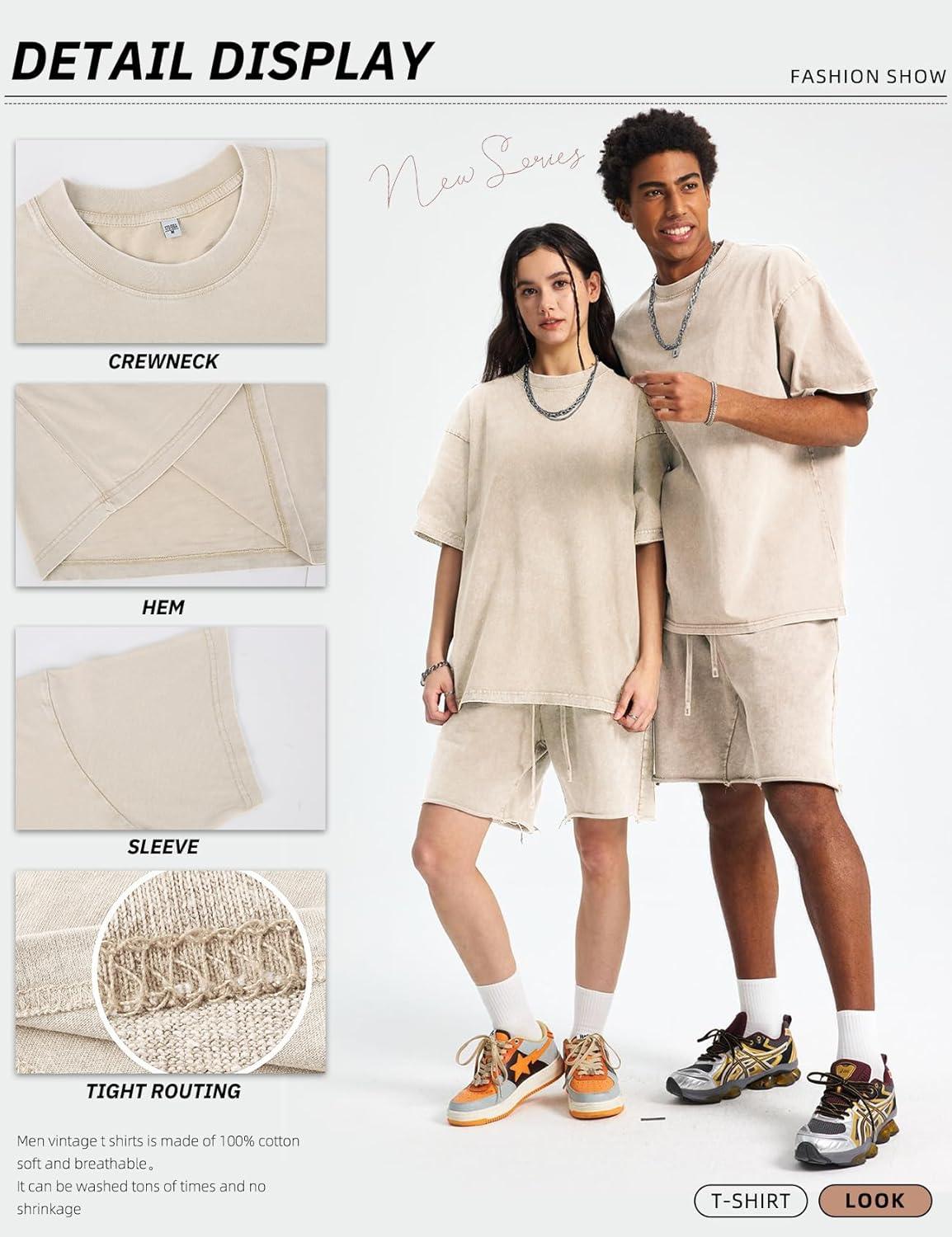 Arssm Mens Oversized T Shirts Cotton Acid Wash T-Shirts Baggy Vintage Tees Loose Fit Heavyweight Streetwear Tops(Beigetshirt)