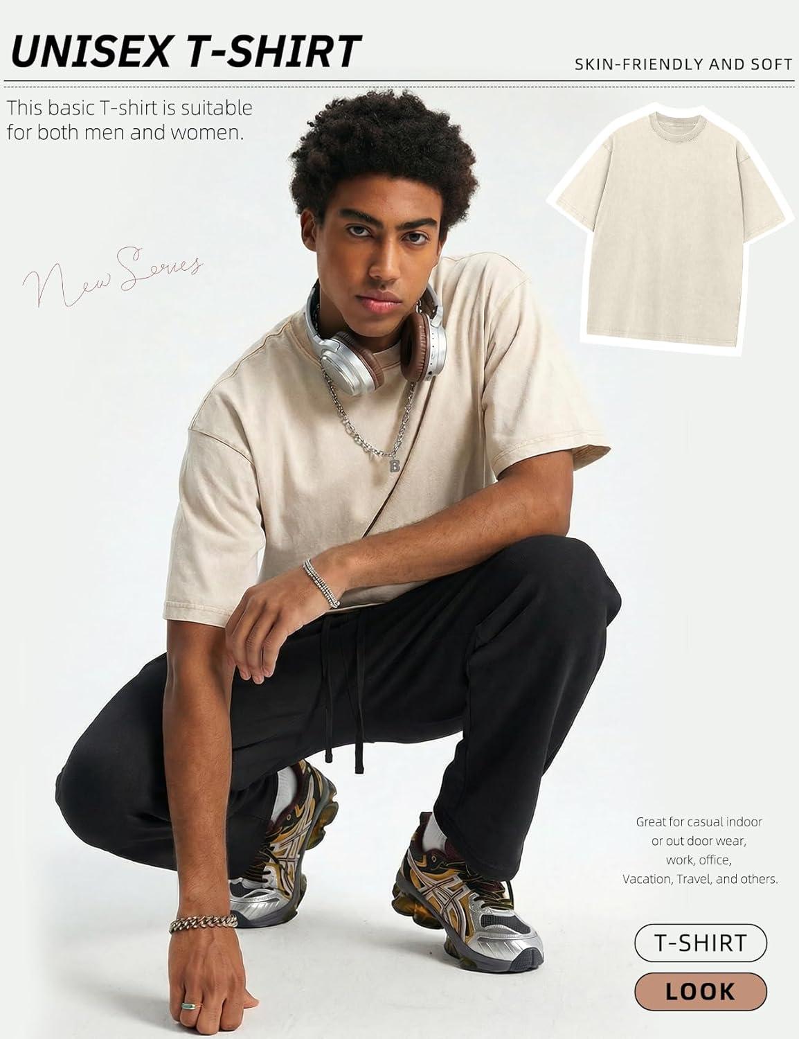 Arssm Mens Oversized T Shirts Cotton Acid Wash T-Shirts Baggy Vintage Tees Loose Fit Heavyweight Streetwear Tops(Beigetshirt)