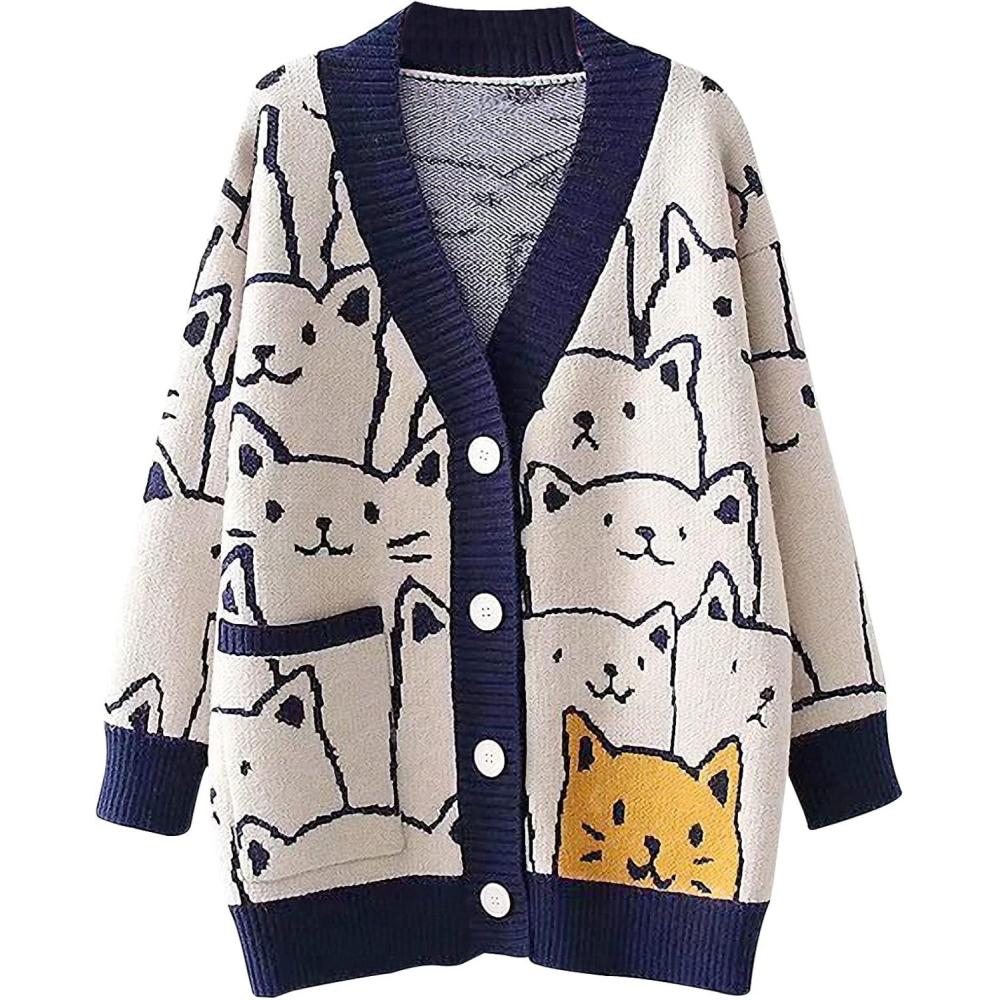 Arssm Cat Sweater for Women Oversized Button Down V Neck Knit Cardigan Cute Kawaii Cartoon Print Sweater Fall Clothes(Navy)
