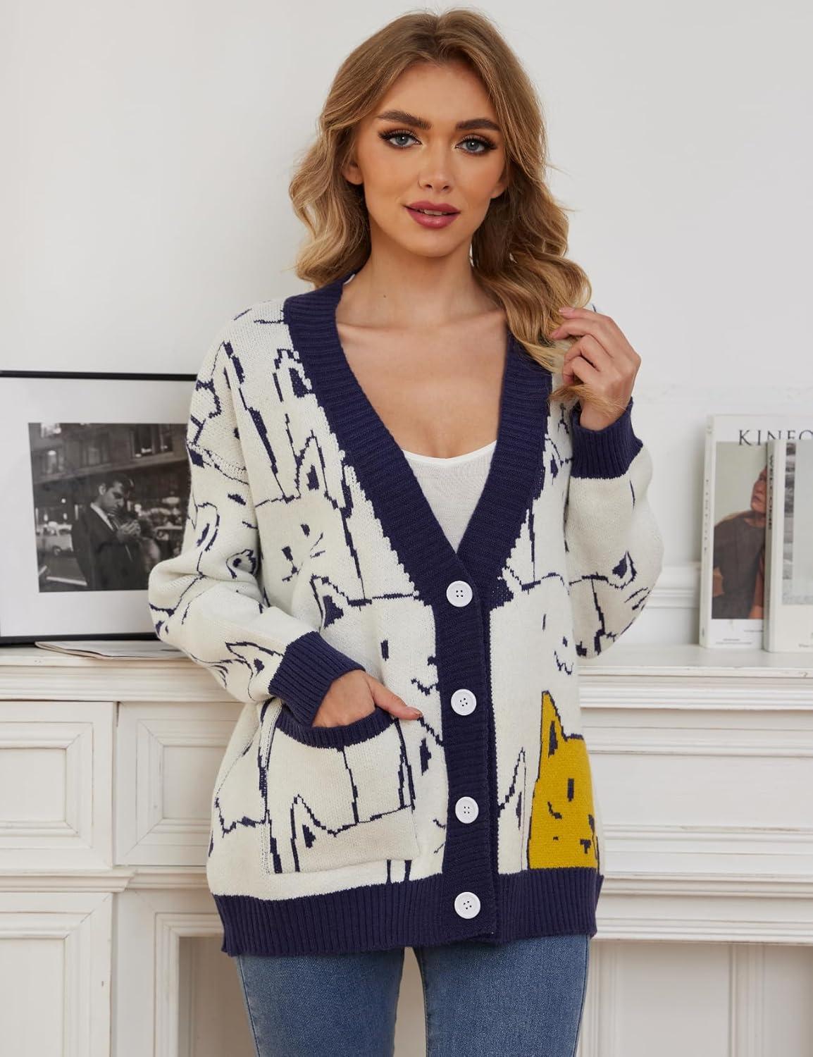 Arssm Cat Sweater for Women Oversized Button Down V Neck Knit Cardigan Cute Kawaii Cartoon Print Sweater Fall Clothes(Navy)