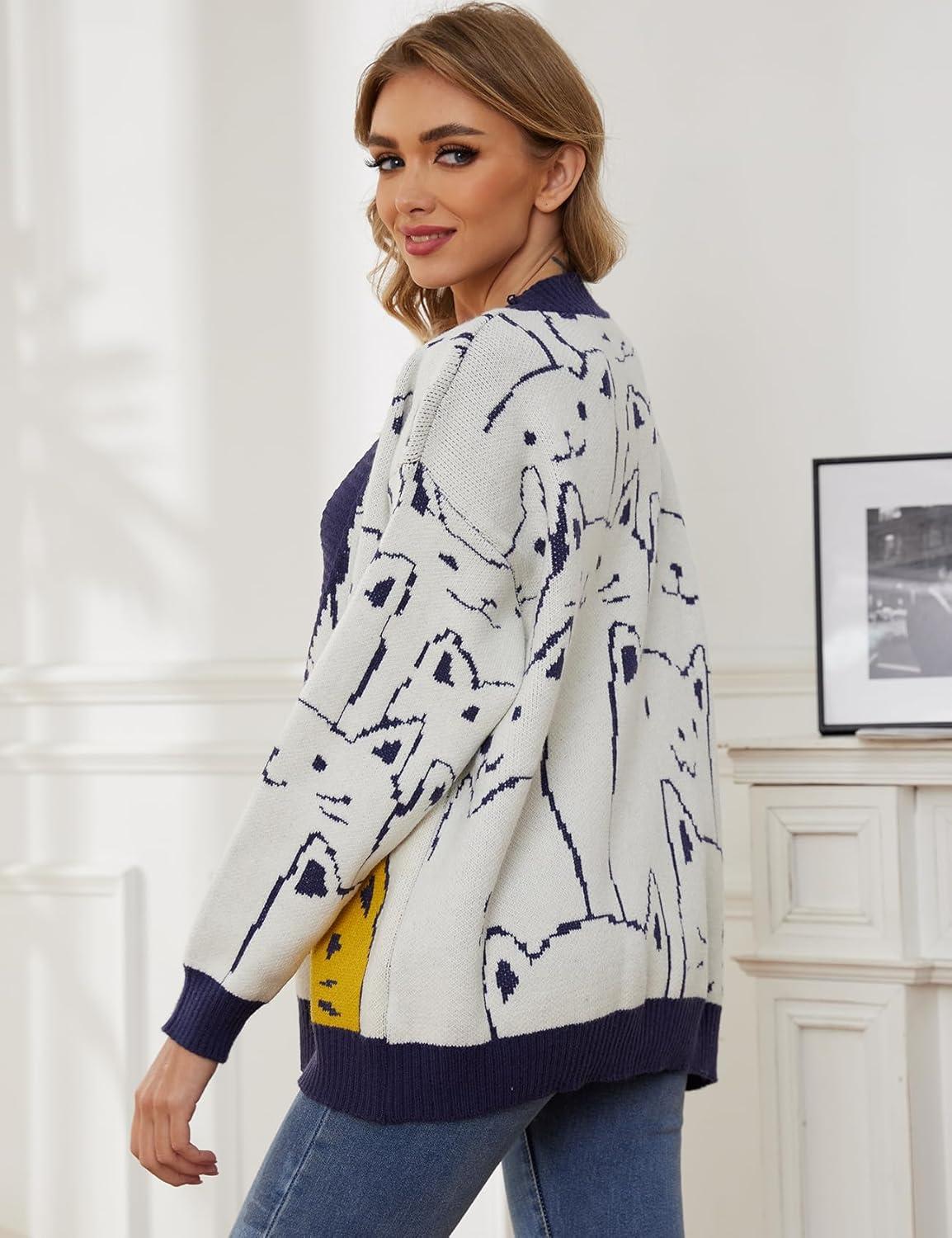 Arssm Cat Sweater for Women Oversized Button Down V Neck Knit Cardigan Cute Kawaii Cartoon Print Sweater Fall Clothes(Navy)