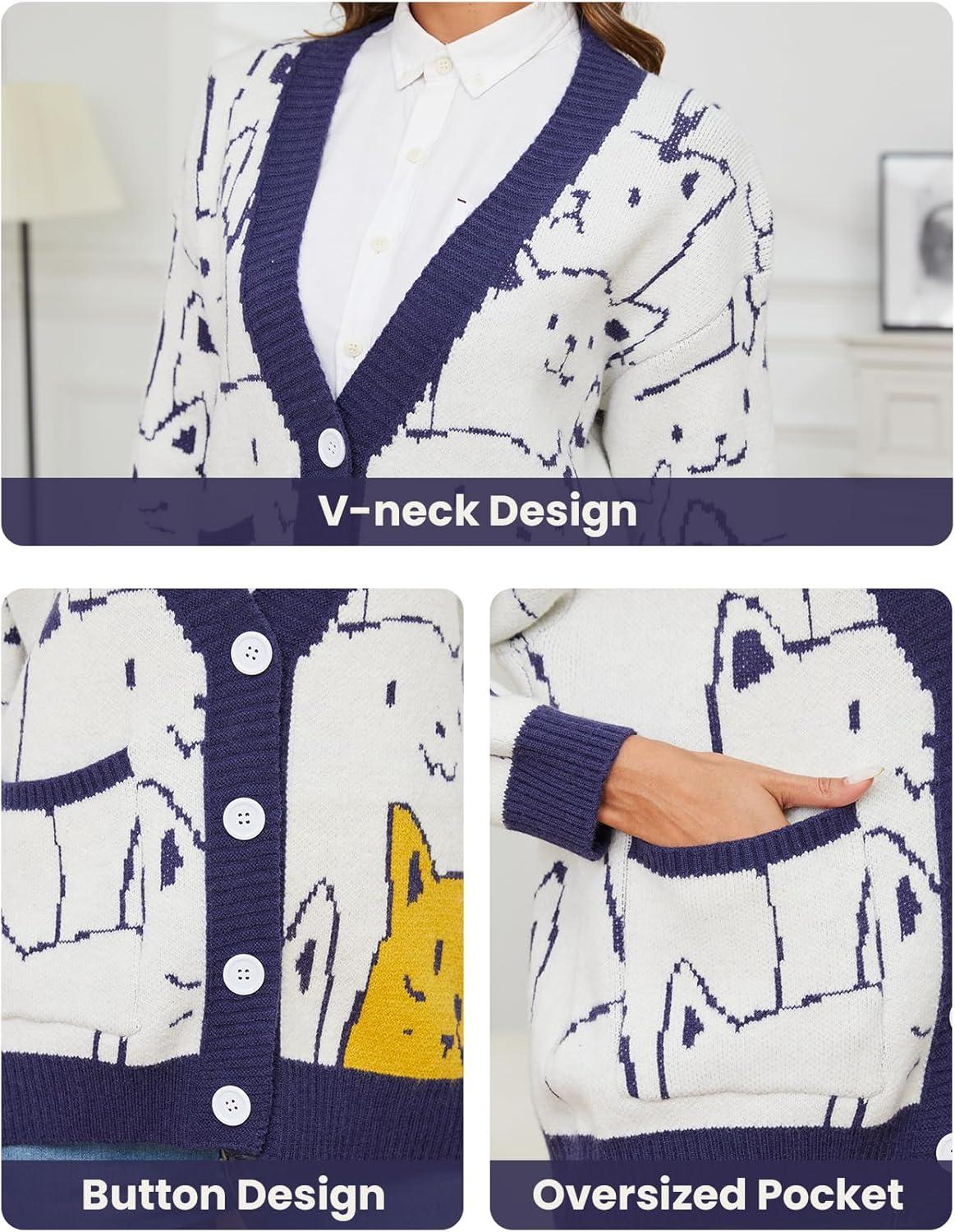 Arssm Cat Sweater for Women Oversized Button Down V Neck Knit Cardigan Cute Kawaii Cartoon Print Sweater Fall Clothes(Navy)
