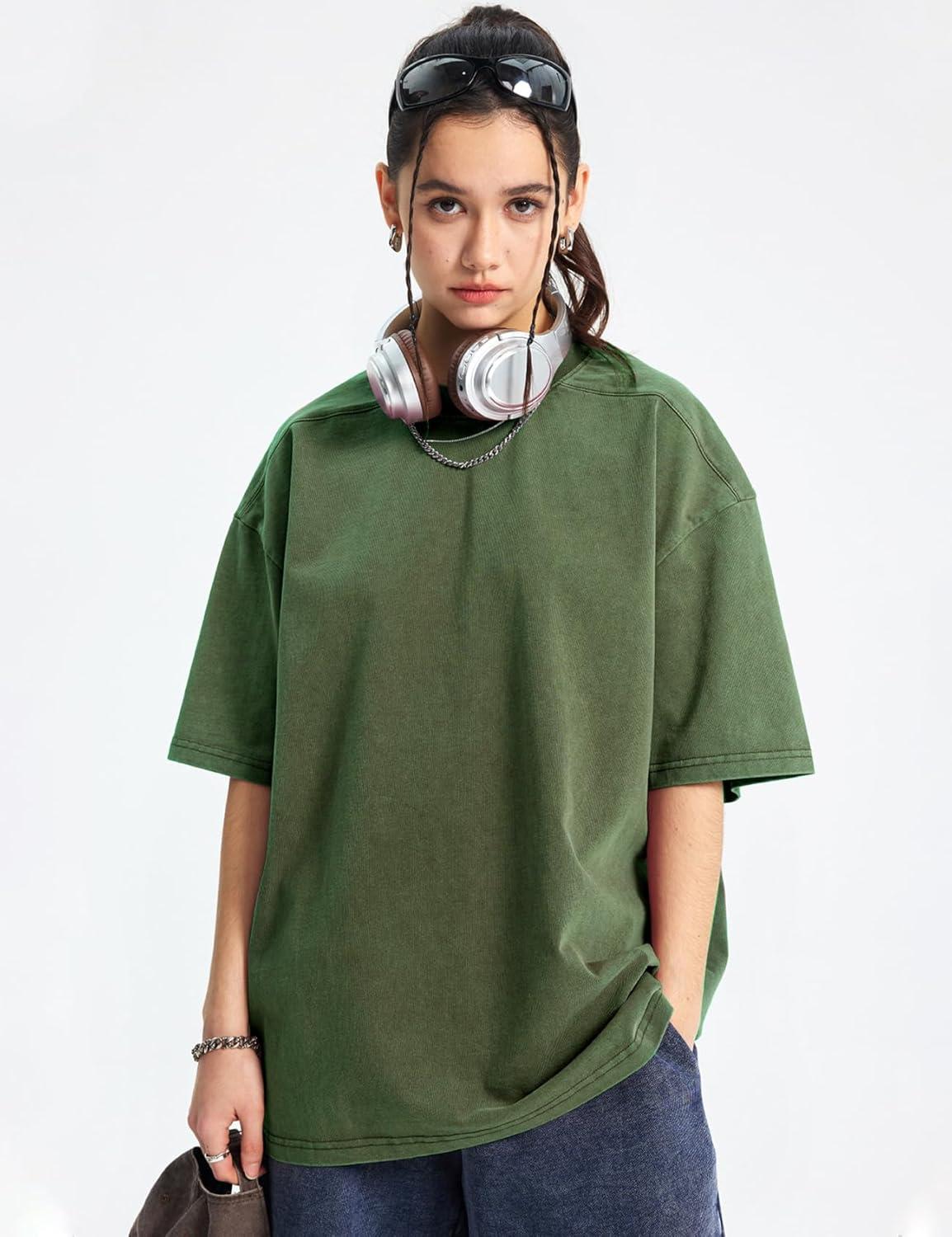 Arssm Women Oversized T Shirts Acid Washed Cotton Tees Vintage Baggy Loose Fit Streetwear Workout Tops(Black+beige+army)