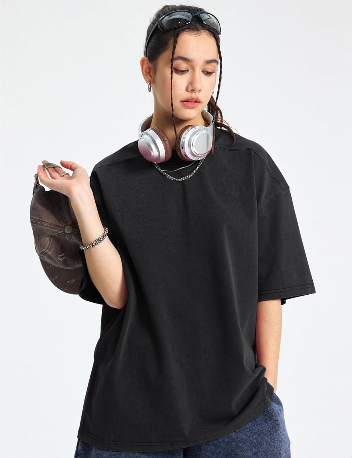 Arssm Women Oversized T Shirts Acid Washed Cotton Tees Vintage Baggy Loose Fit Streetwear Workout Tops(Black+beige+army)