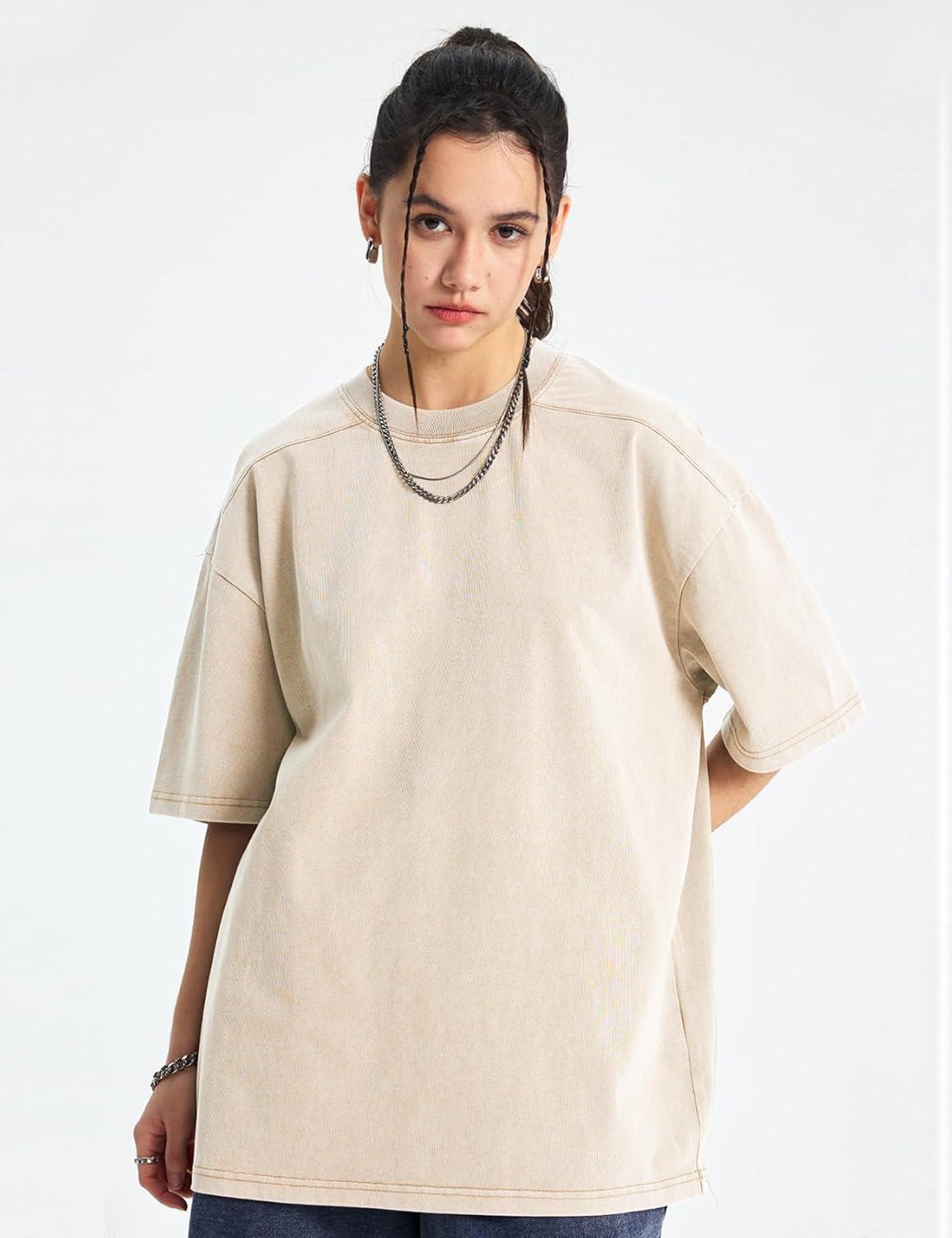 Arssm Women Oversized T Shirts Acid Washed Cotton Tees Vintage Baggy Loose Fit Streetwear Workout Tops(Black+beige+army)